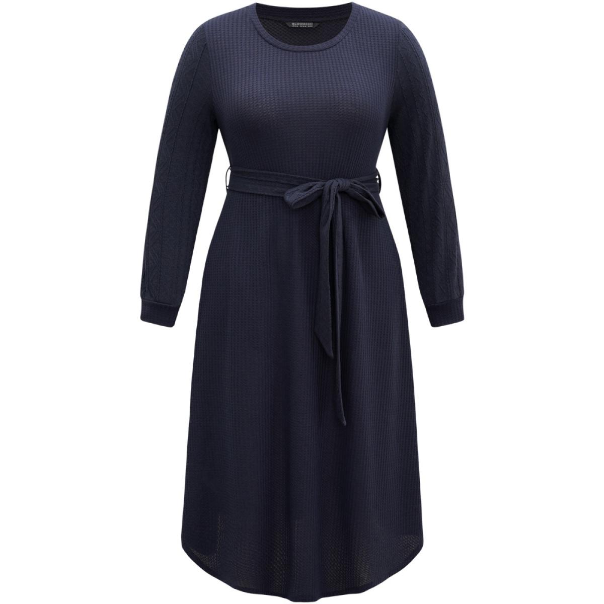 Plus Size Solid Waffle Knit Round Neck Belted Dress DarkBlue Women Casual Texture Round Neck Long Sleeve Curvy Midi Dress BloomChic 30/6X Product Image