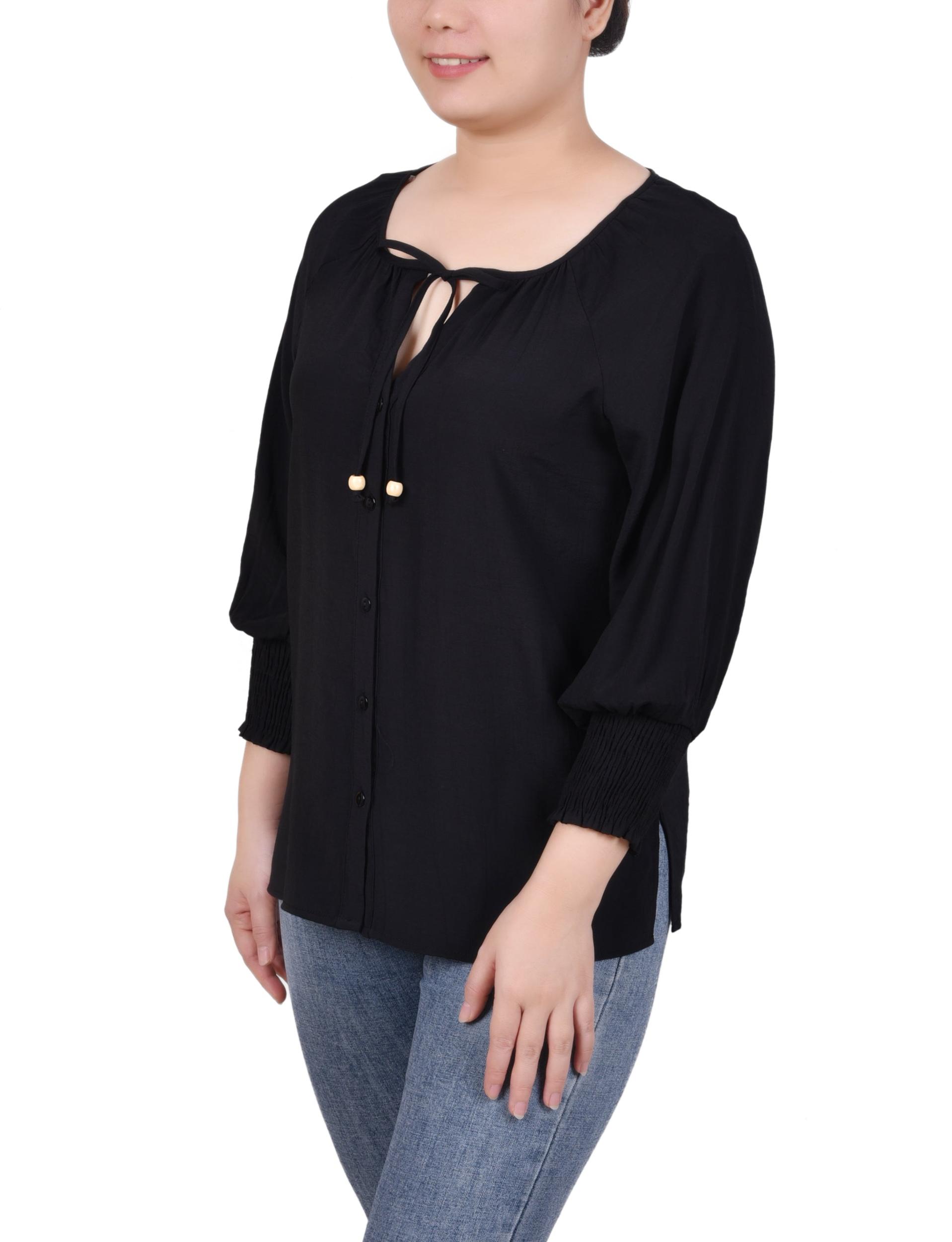 Black 3/4 Sleeve Button Front Blouse Product Image