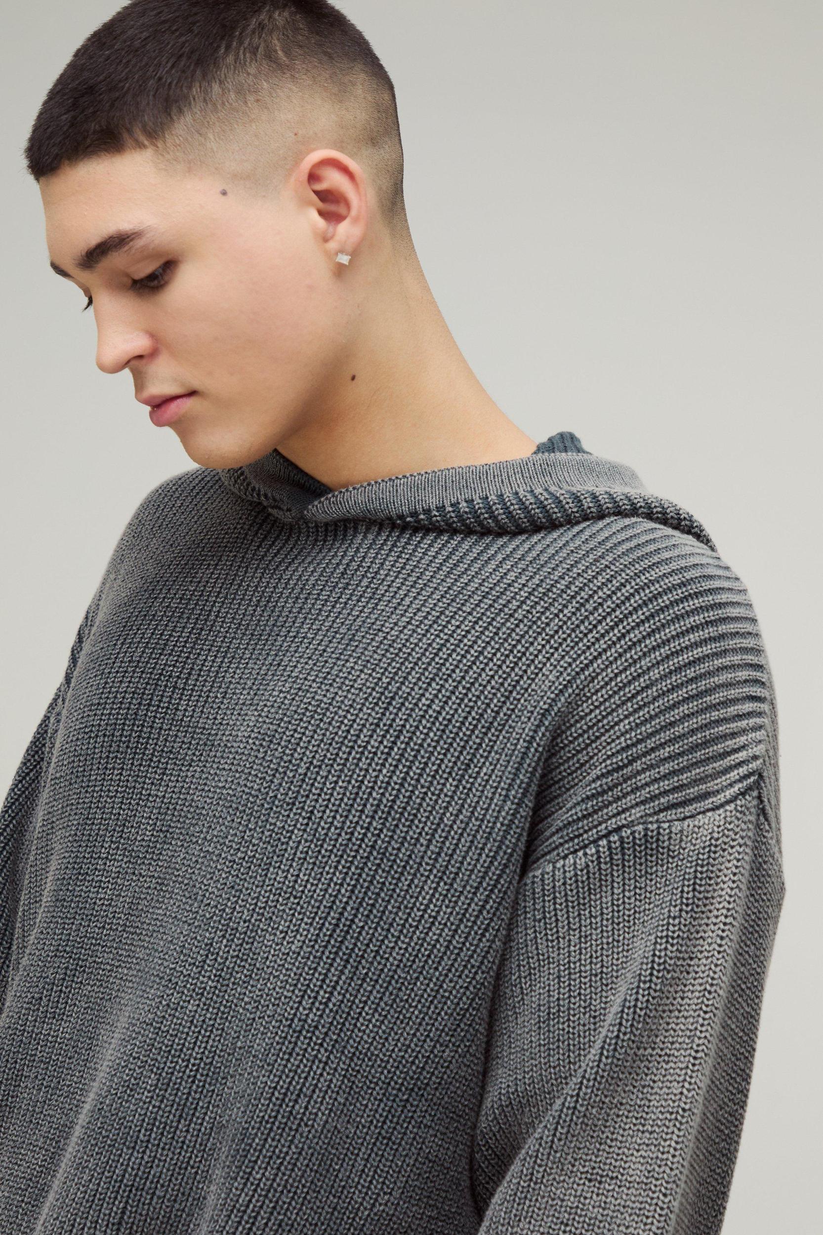 Oversized Boxy Acid Wash Knitted Hoodie | boohooMAN USA Product Image