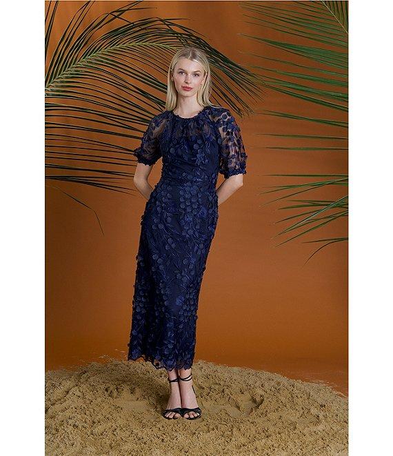 Maggy London Illusion Puff Short Sleeve Crew Neck Embroidered 3D Petal Applique Mesh MIdi Sheath Dress Product Image