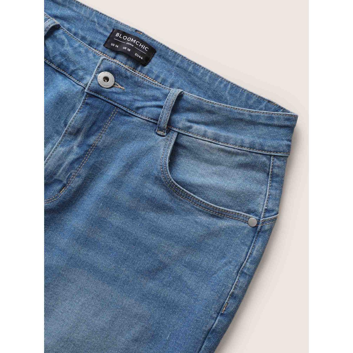 Plus Size High Rise Frayed Hem Light Wash Jeans Women LightBlue Casual High stretch Slanted pocket Jeans BloomChic 10/M Product Image