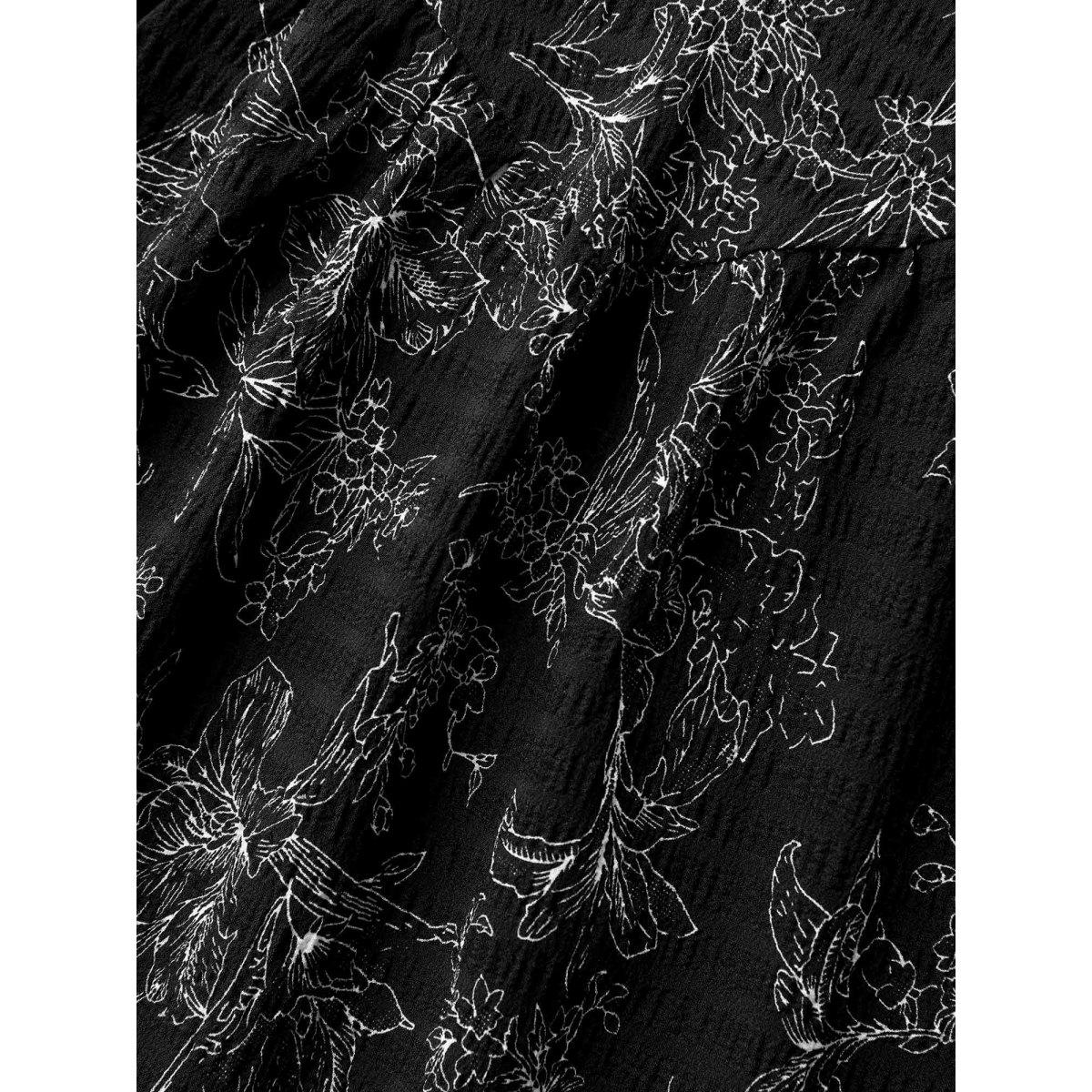 Plus Size Black Silhouette Floral Print Flutter Sleeve Blouse Women Timeless Cap Sleeve Notched collar Elegant Blouses BloomChic 18-20/2X Product Image