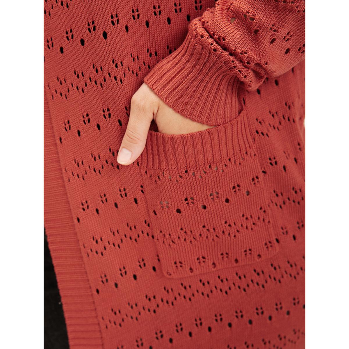 Plus Size Plain Pointelle Knit Pocket Crochet Open Front Hooded Cardigan OrangeRed Women Elegant Loose Long Sleeve Dailywear Cardigans BloomChic 28/5X Product Image