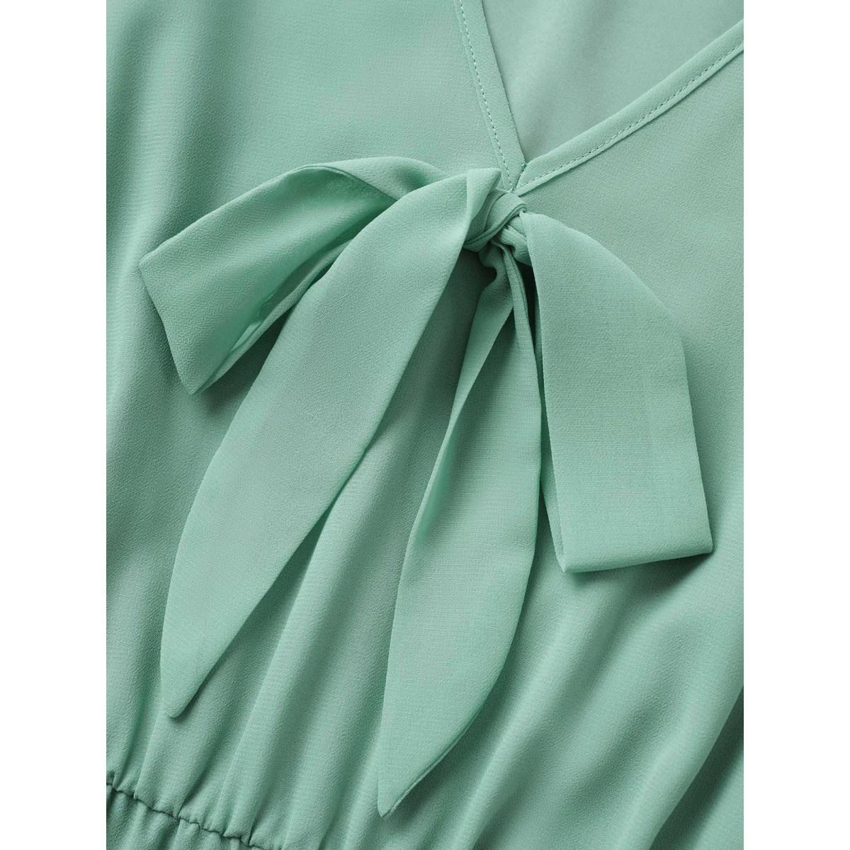 Plus Size Solid Bowknot Patchwork Tiered Ruffle Sleeve Dress Turquoise Women Elegant Non V-neck Half Sleeve Curvy Midi Dress BloomChic 30/6X Product Image