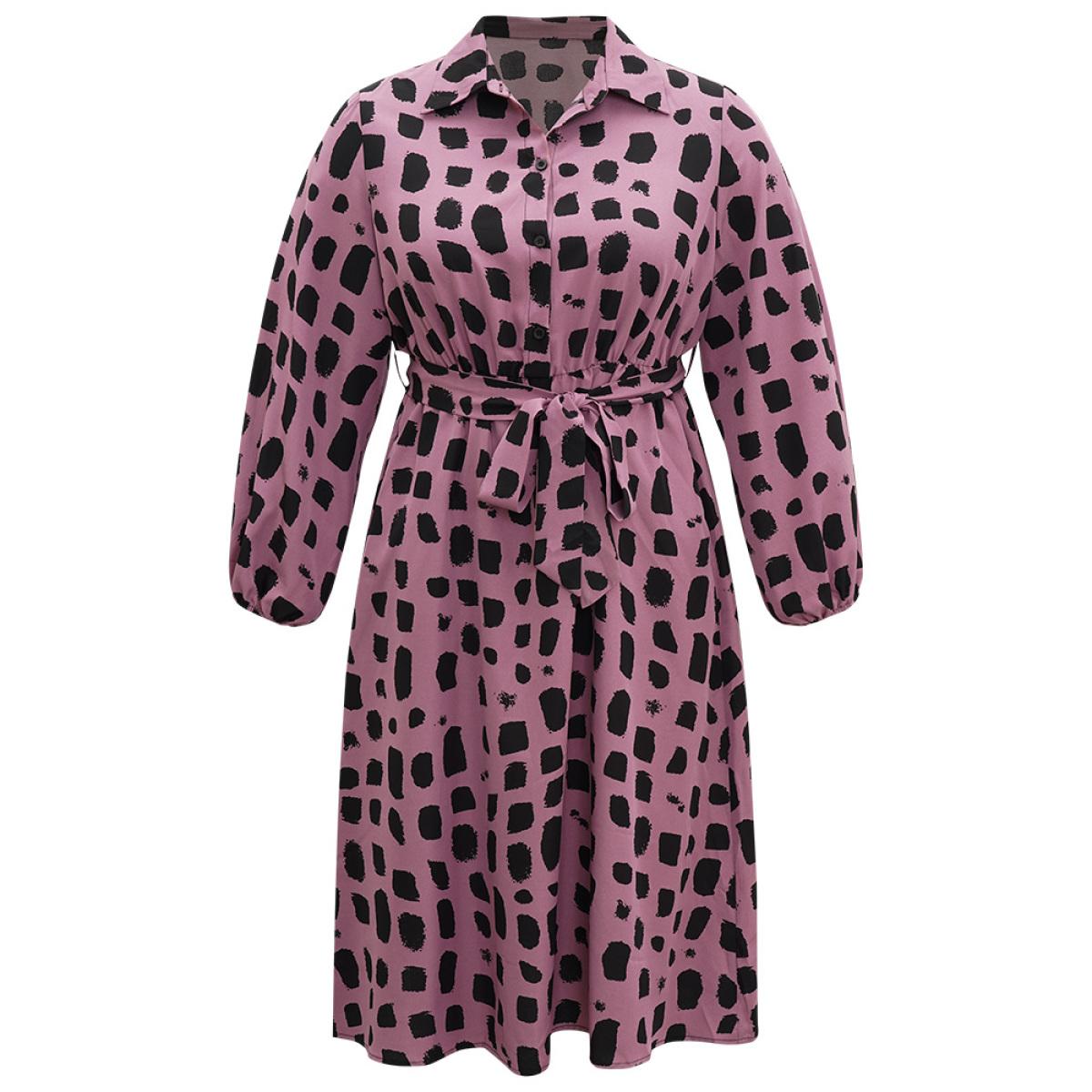 Plus Size Shirt Collar Brush Print Belted Dress Mauve Women Office Belted Shirt collar Long Sleeve Curvy Midi Dress BloomChic 28/5X Product Image
