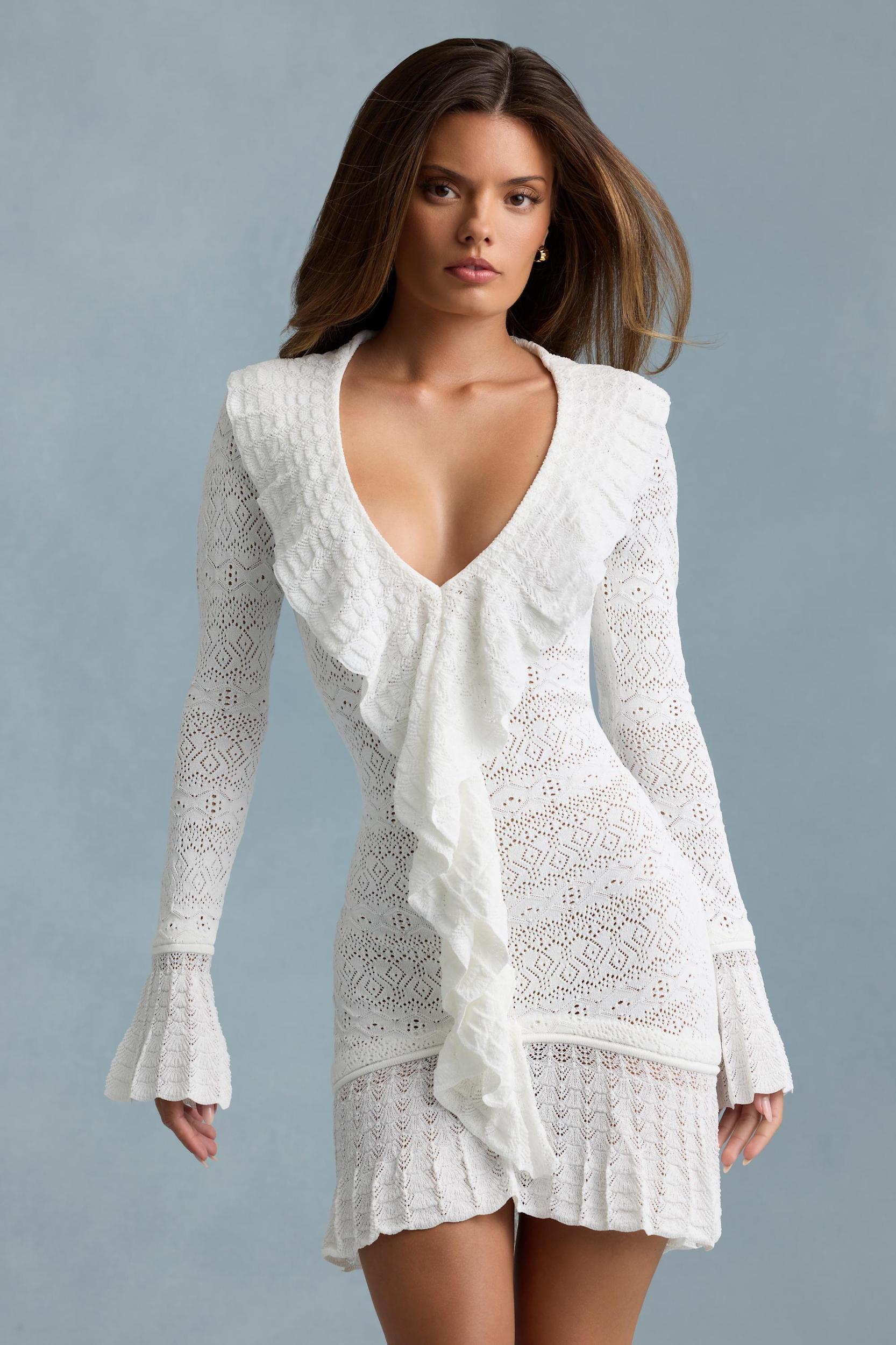 Ruffle-Trim Pointelle-Knit Mini Dress in White Product Image