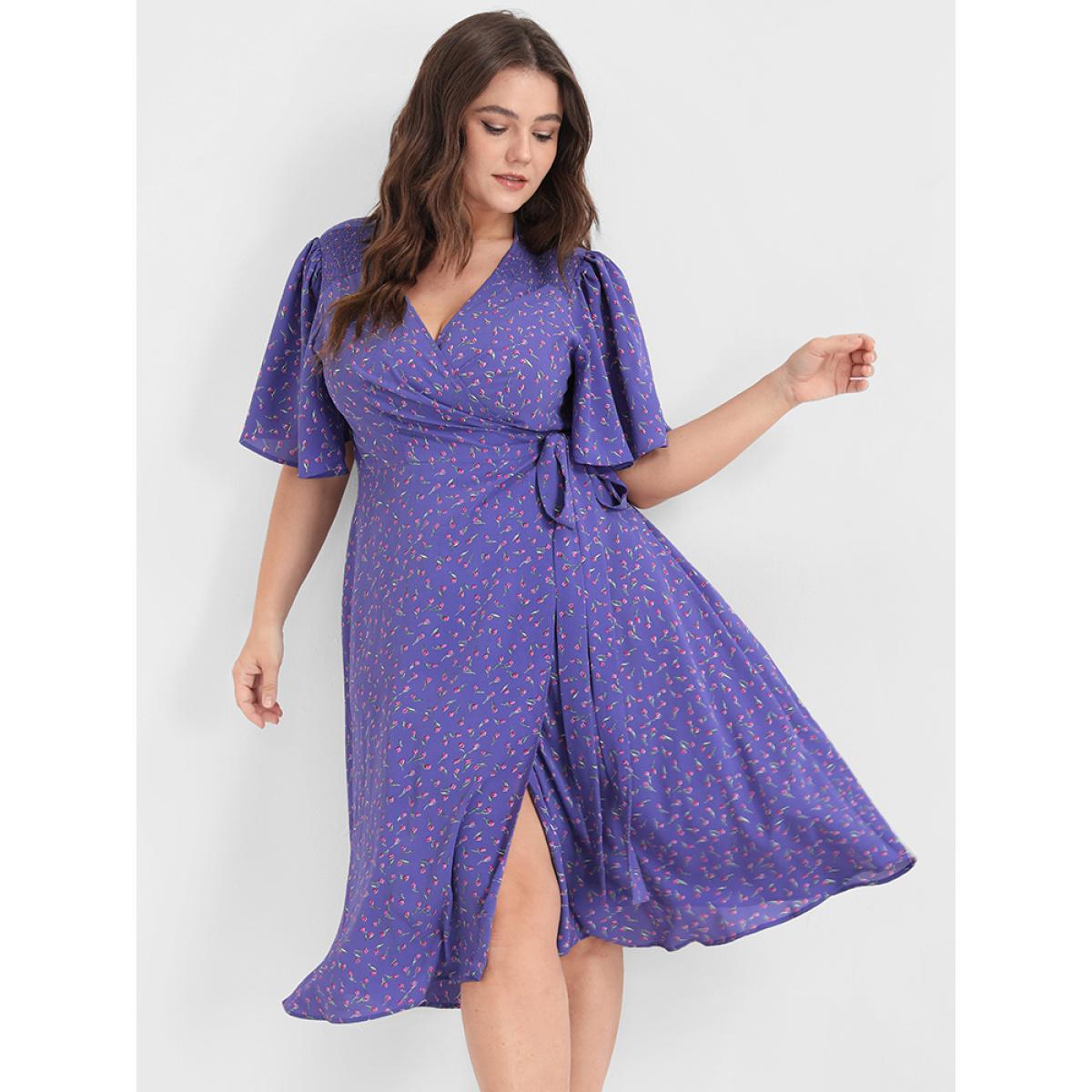 Plus Size Ditsy Floral Knotted Ruffled Split Midi Dress BlueViolet Women Elegant Wrap V-neck Short sleeve Curvy Midi Dress BloomChic 28/5X Product Image