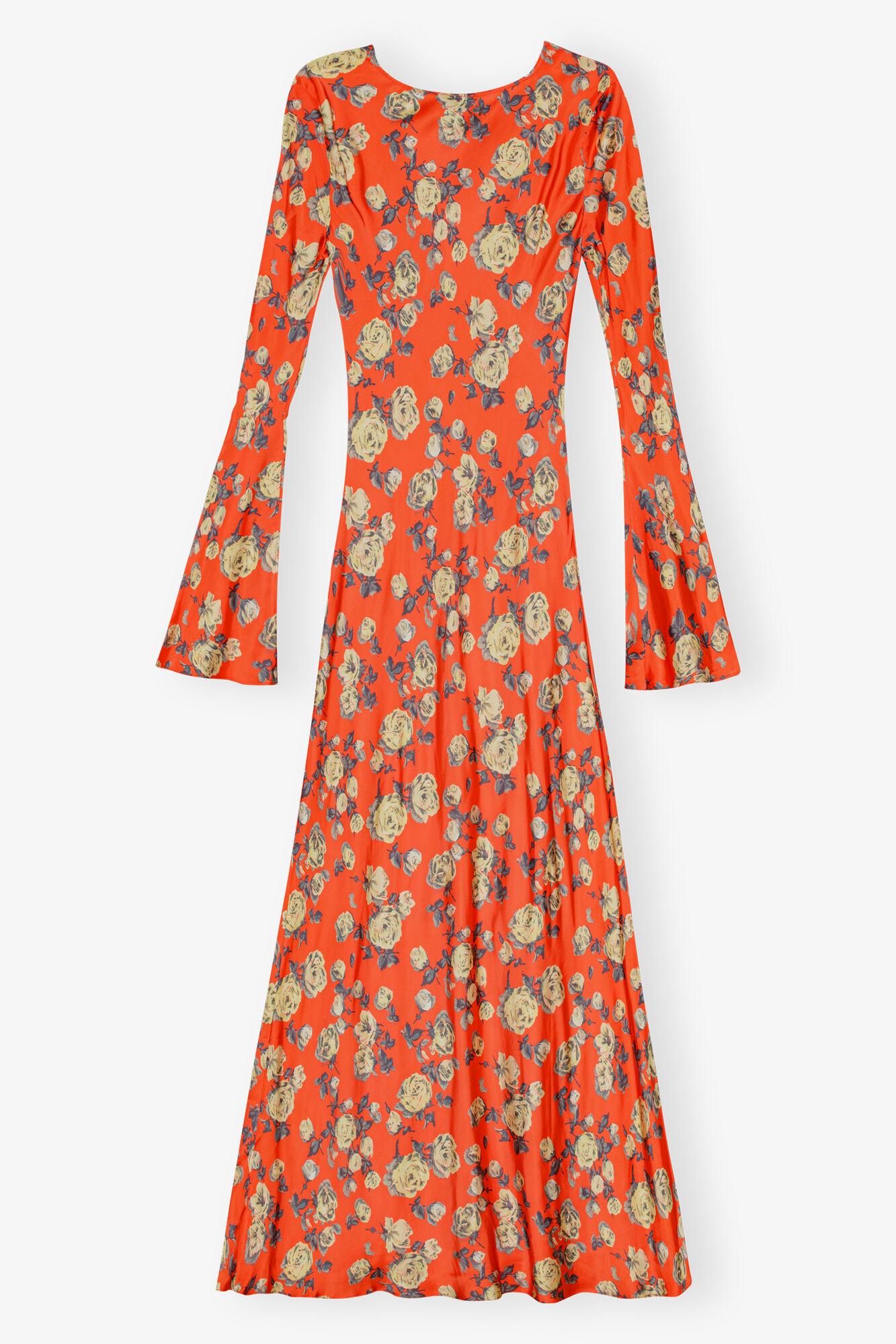 Orange Floral Printed Satin Maxi Dress Product Image
