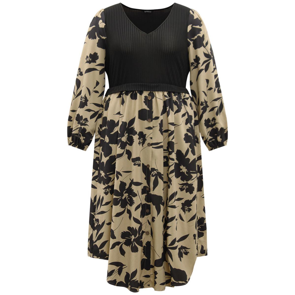 Plus Size Silhouette Floral Print Rib Knit Patchwork Dress LightBrown Women Elegant Elastic cuffs V-neck Long Sleeve Curvy Midi Dress BloomChic 18-20/2X Product Image