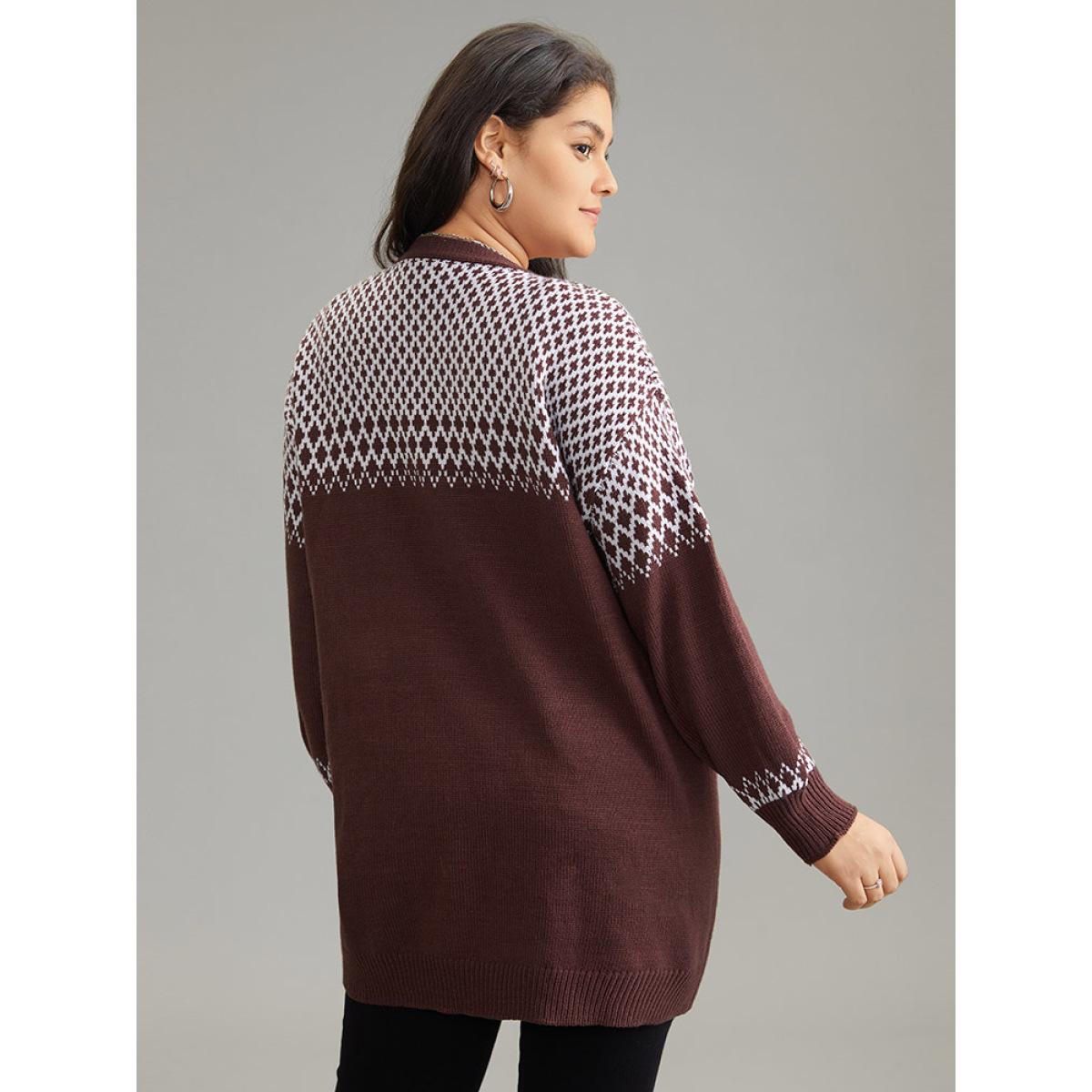 Plus Size Geometric Contrast Patched Pocket Jacquard Cardigan DarkBrown Women Casual Loose Long Sleeve Dailywear Cardigans BloomChic 10/M Product Image
