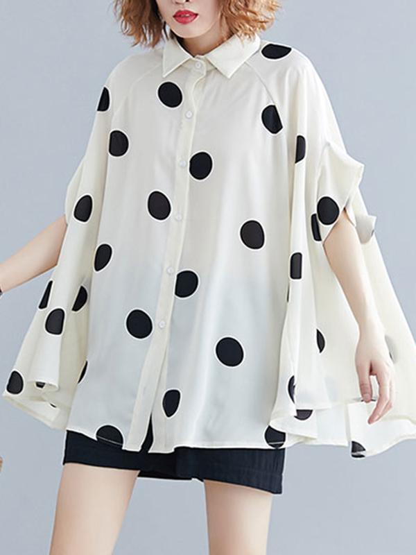 Batwing Sleeves Loose Polka-Dot Lapel Blouses&Shirts Tops Product Image
