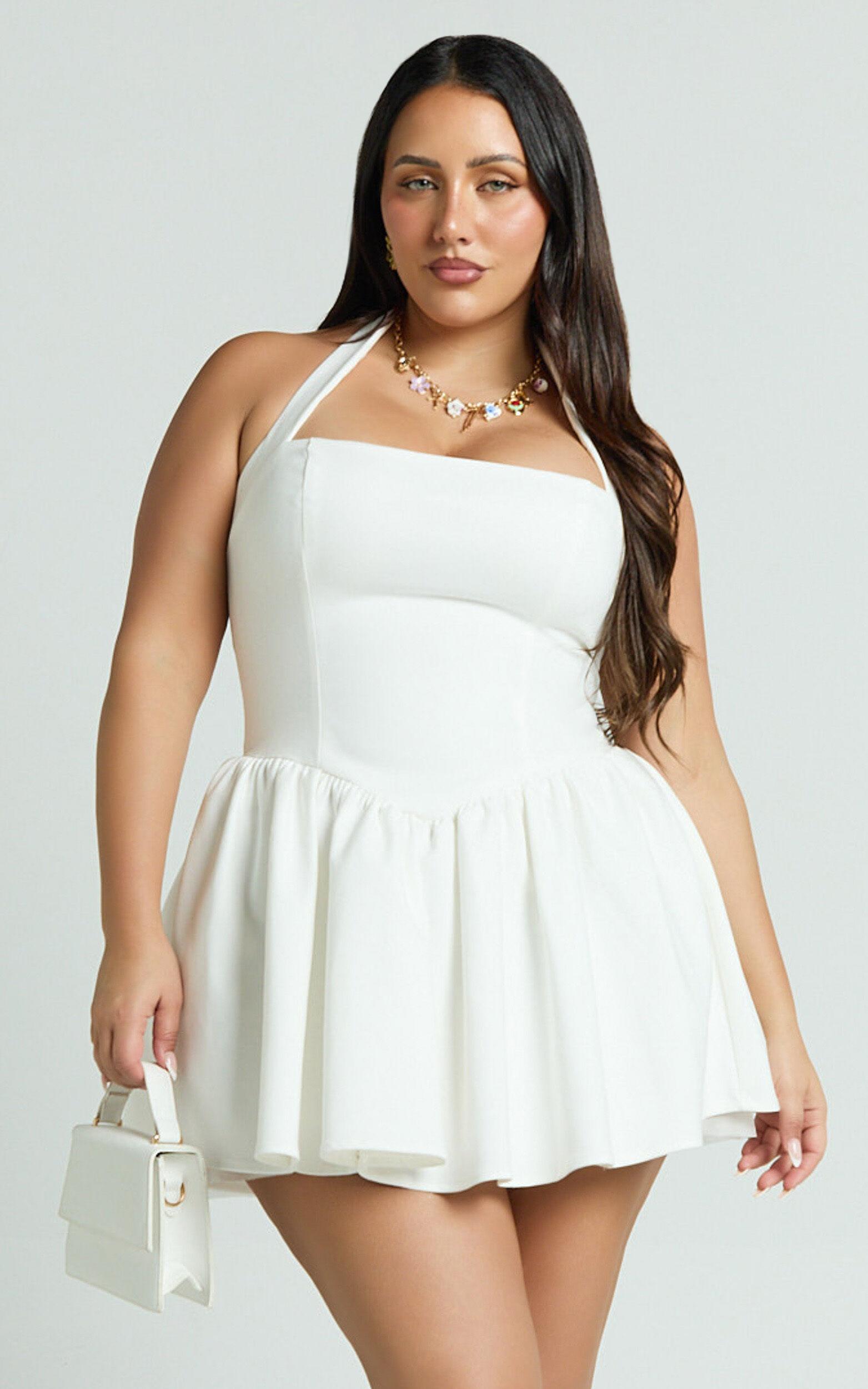 Helda Mini Dress - Halter Tie Neck Corset Panel Dress in White Product Image