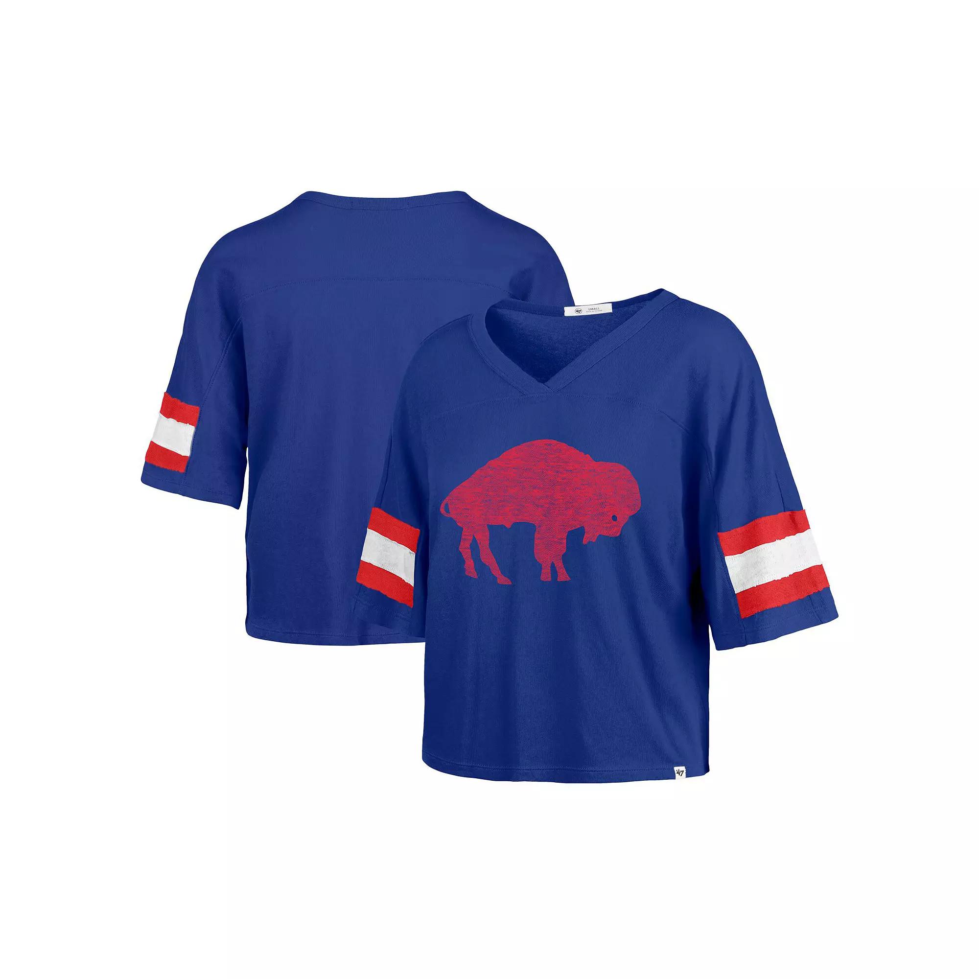 Women's '47 Royal Buffalo Bills  Double Header Scout Cropped V-Neck T-Shirt, Size: Large, Blue Product Image