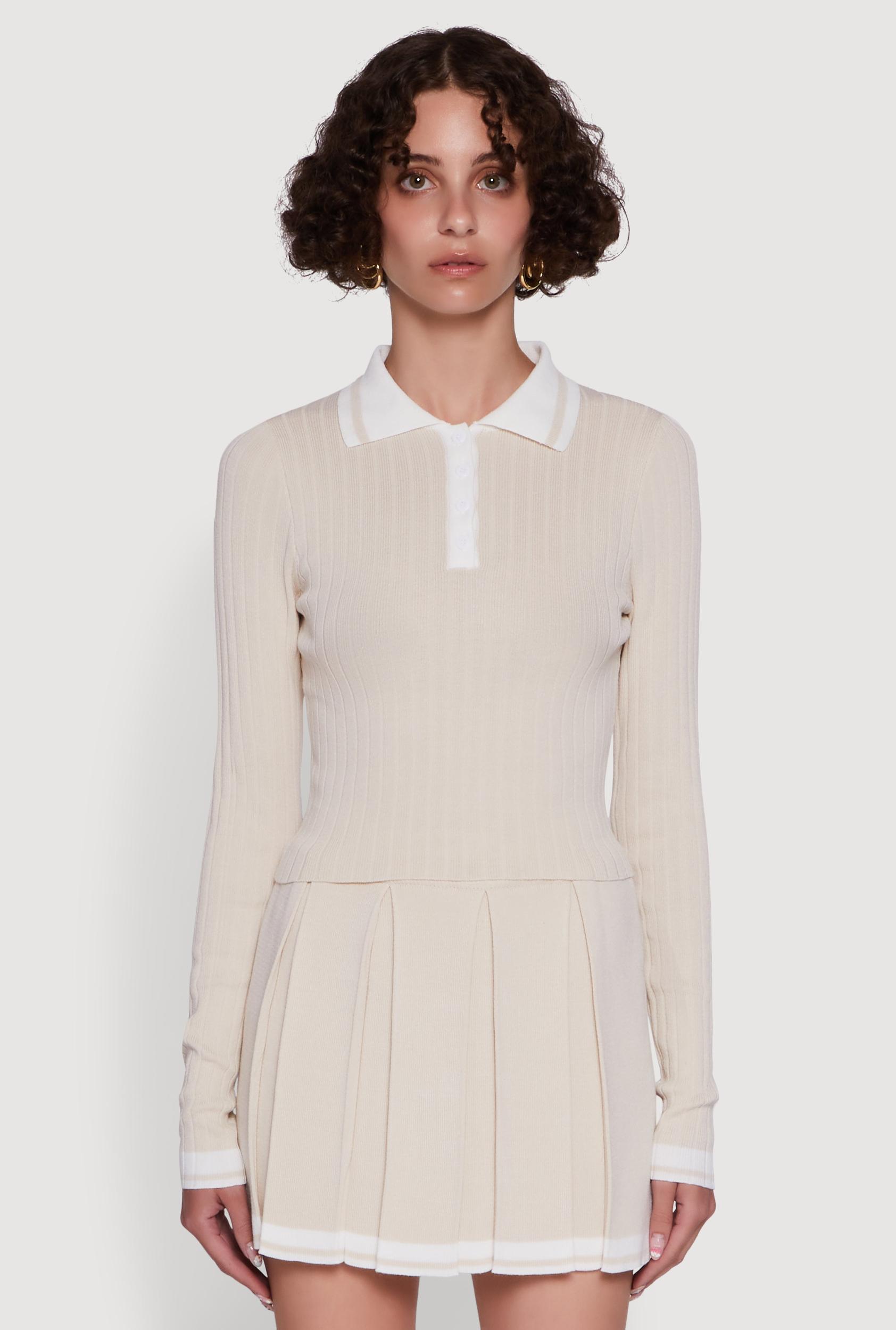 Womens Daisy Ribbed Knit Varsity Stripe Polo Top Product Image