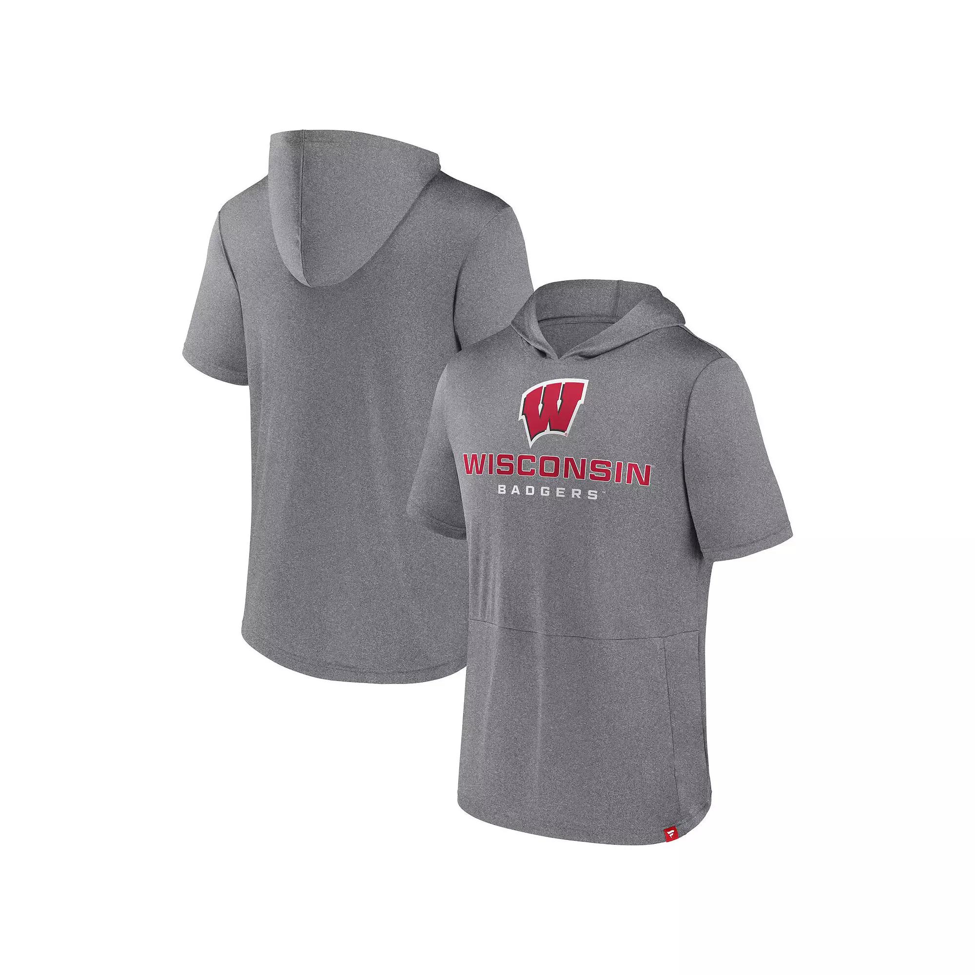 Men's Fanatics Branded Heather Gray Wisconsin Badgers Modern Stack Hoodie T-Shirt,  Product Image