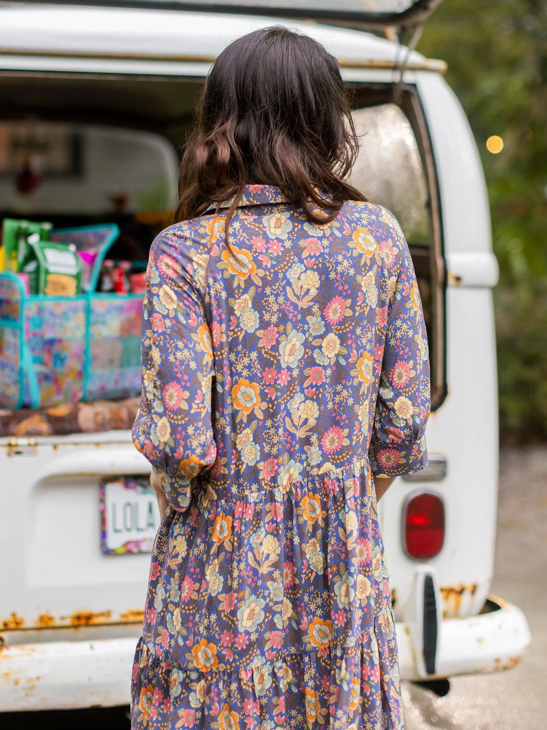 Rebecca Midi Dress - Blue Yellow Roses Product Image