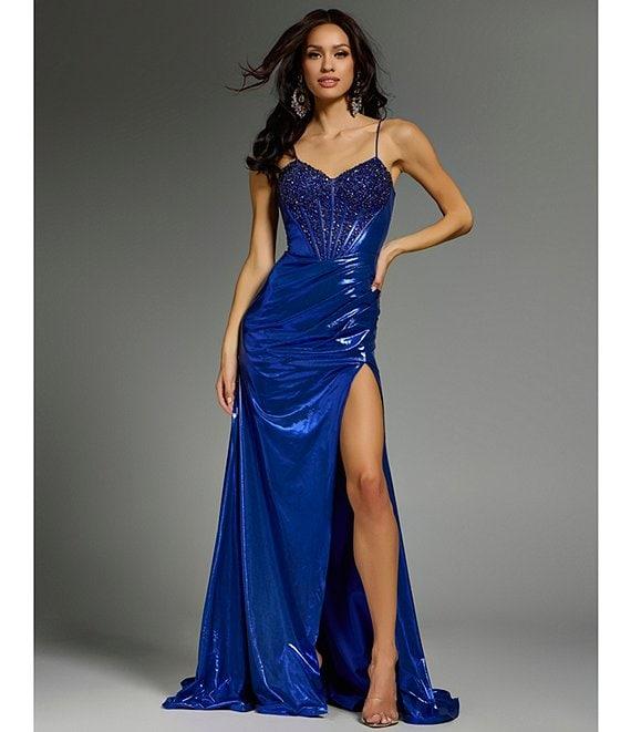 Jovani Metallic Sweetheart Neck Fitted Corset Beaded Bodice Side Slit Dress Product Image