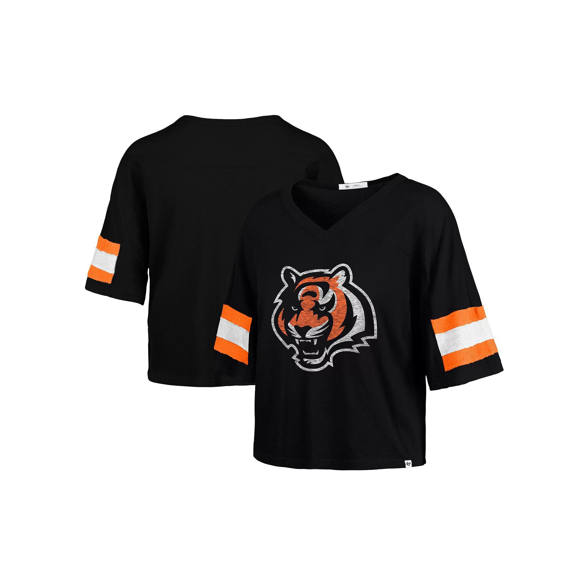 Women's '47 Black Cincinnati Bengals Double Header Scout Cropped V-Neck T-Shirt,  Product Image
