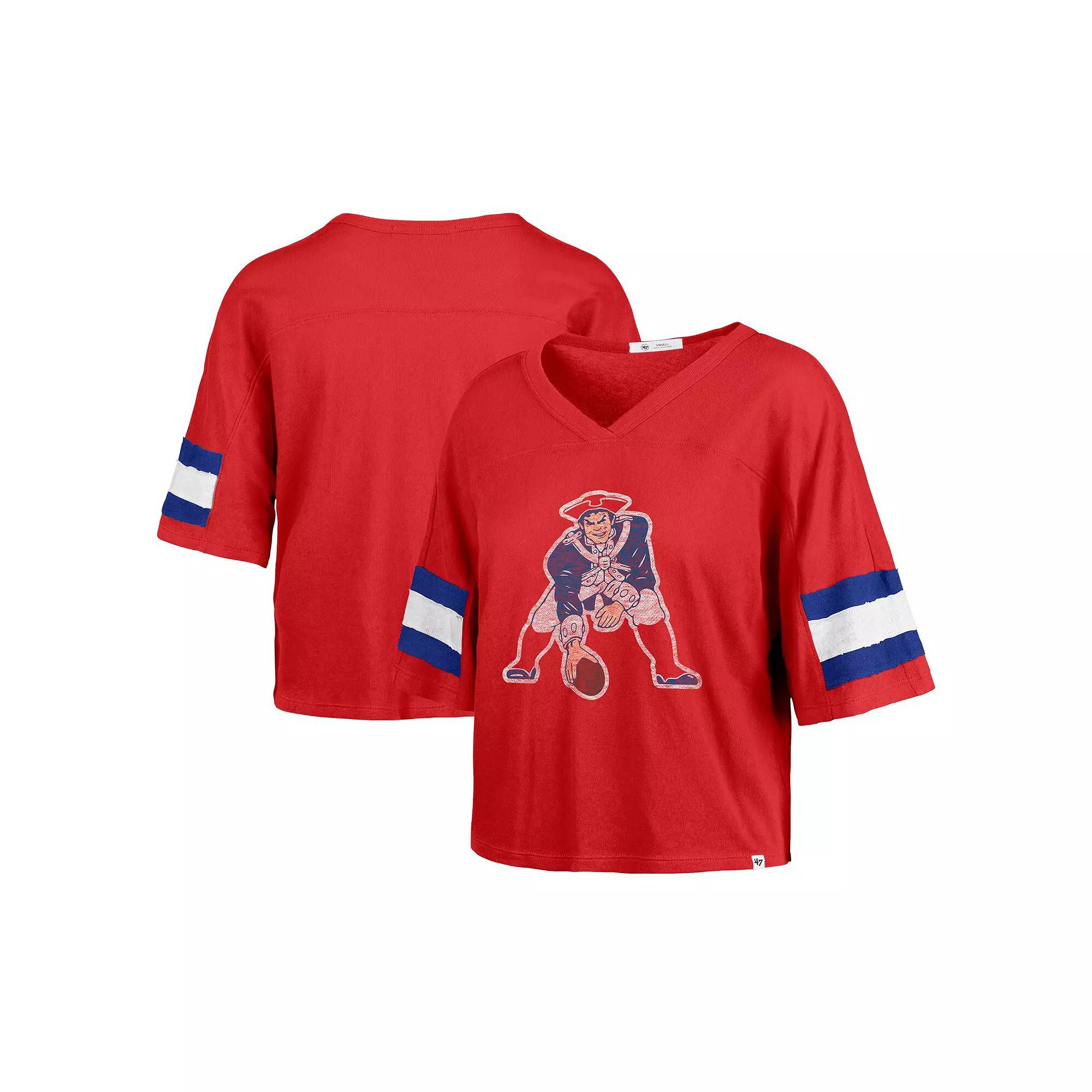 Women's '47 Red New England Patriots  Double Header Scout Cropped V-Neck T-Shirt, Size: Small Product Image