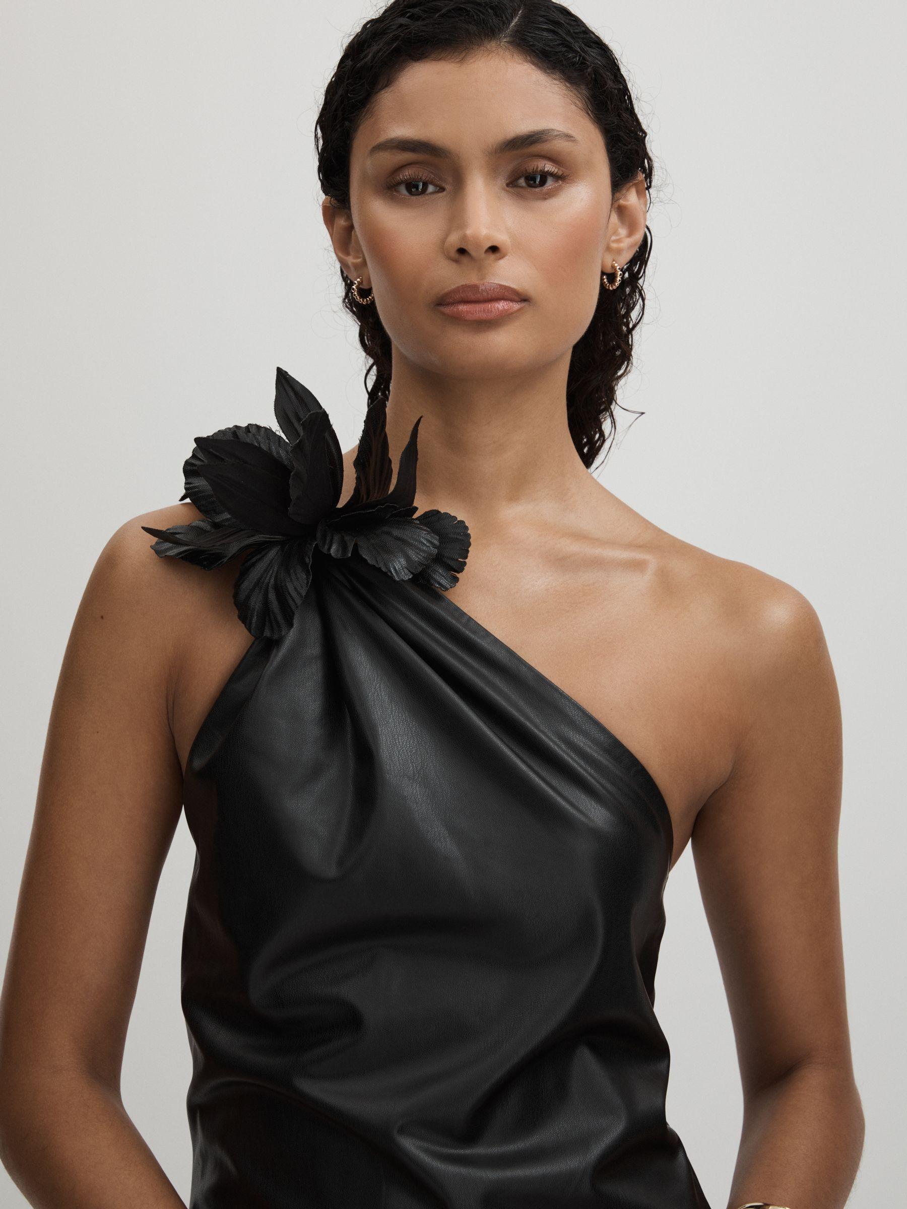 Halston Faux Leather One-Shoulder Maxi Dress in Black Product Image