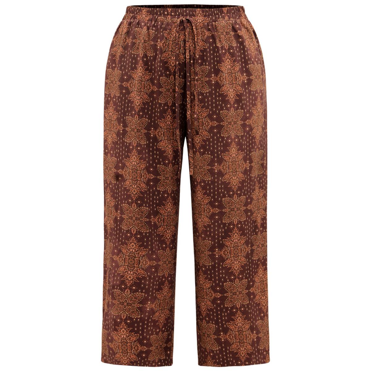 Plus Size Bandana Elastic Waist Wide Leg Ties Pants Women Maroon Vacation Wide Leg High Rise Dailywear Pants BloomChic 26/4X Product Image