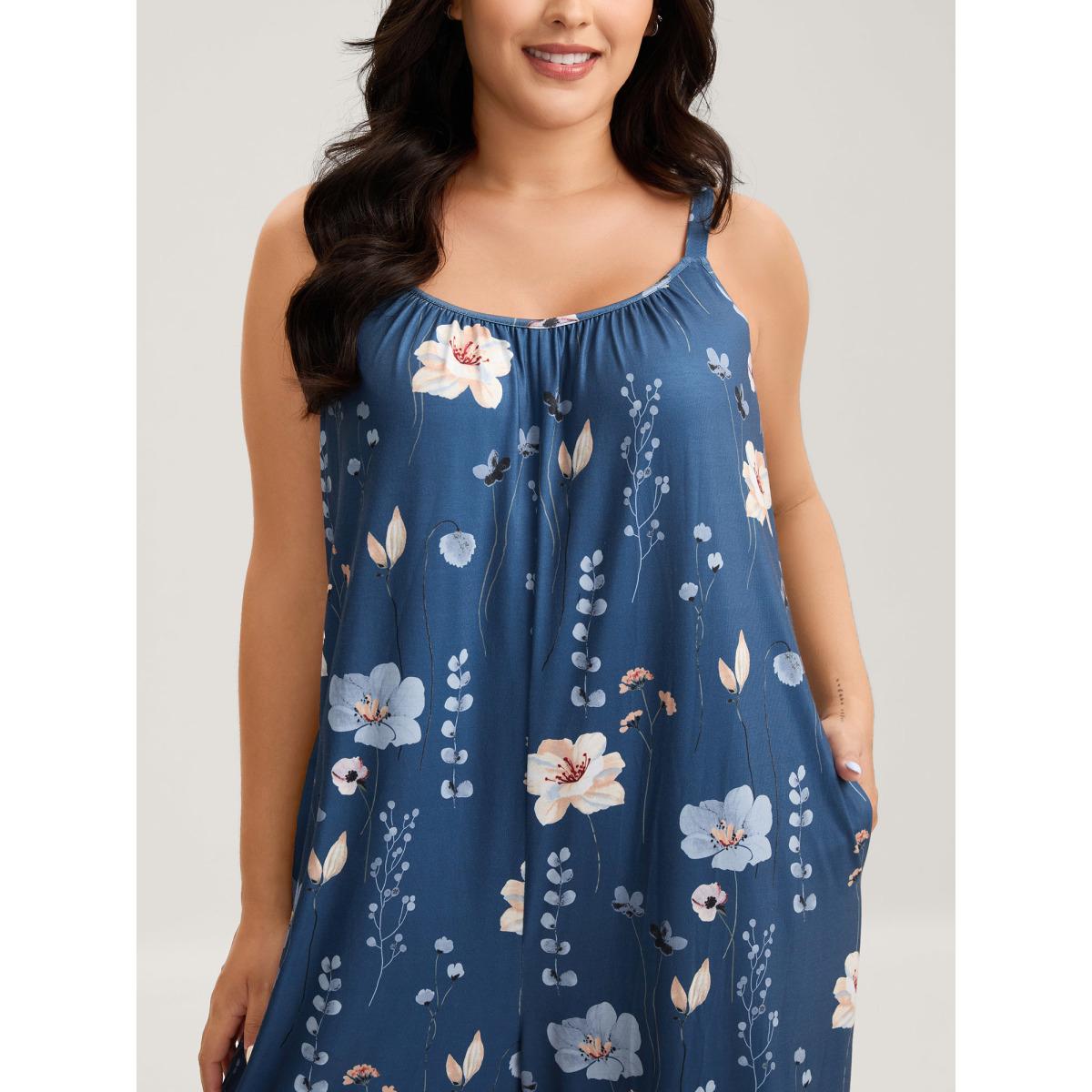 Plus Size Mediumblue Stretchy Lined Floral Print Cami Jumpsuit Women Leisure Sleeveless V-neck Casual Loose Jumpsuits BloomChic 12/L Product Image
