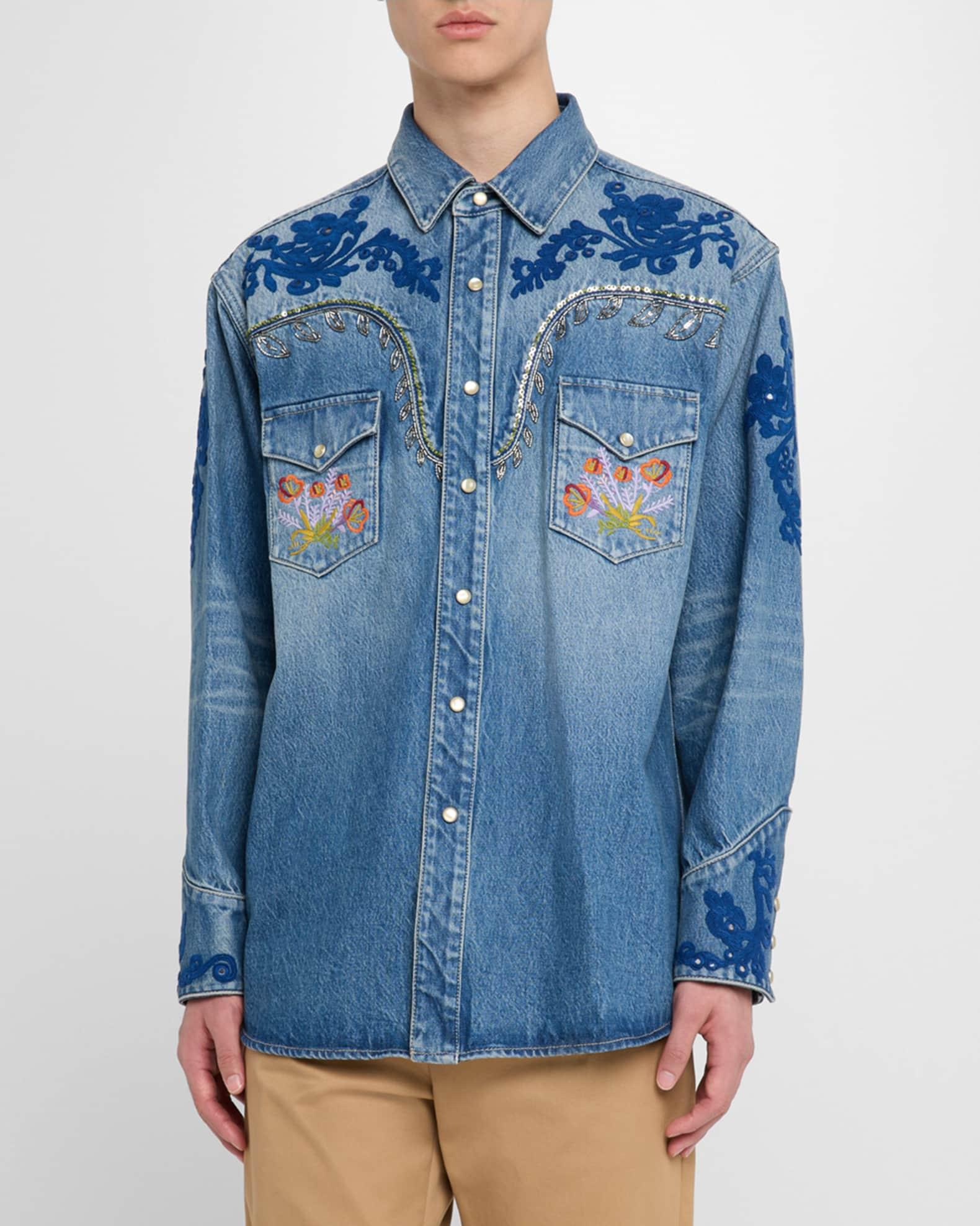 Men's Mixed-Embroidery Denim Shirt Product Image