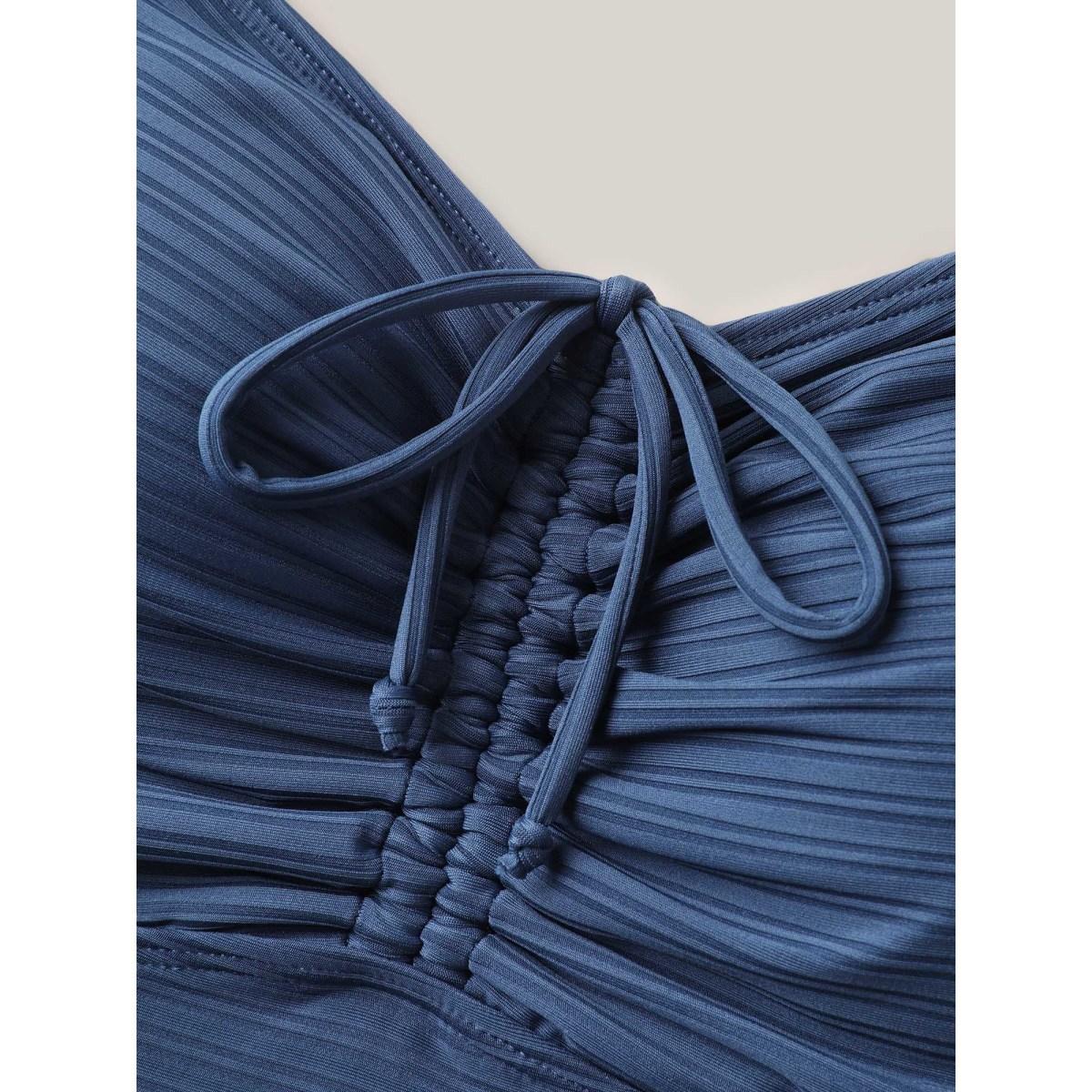 Plus Size Textured Channel Drawstring One-Piece Swimsuit Women's Swimwear Mediumblue Resort Texture Curve Bathing Suits High stretch One Pieces BloomChic 12/L Product Image