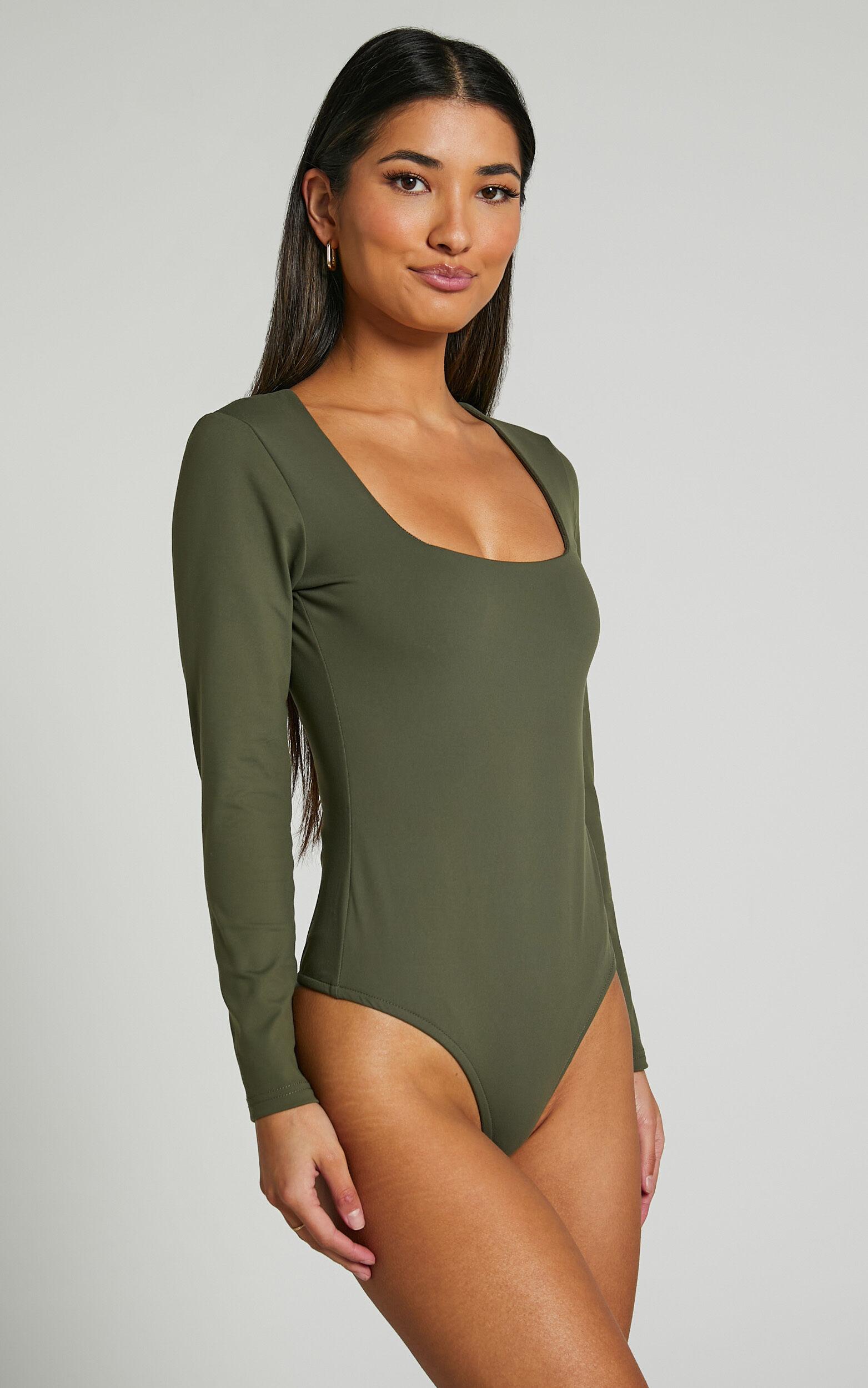Elia Bodysuit - Square Neck Long Sleeve Bodysuit in Olive Product Image