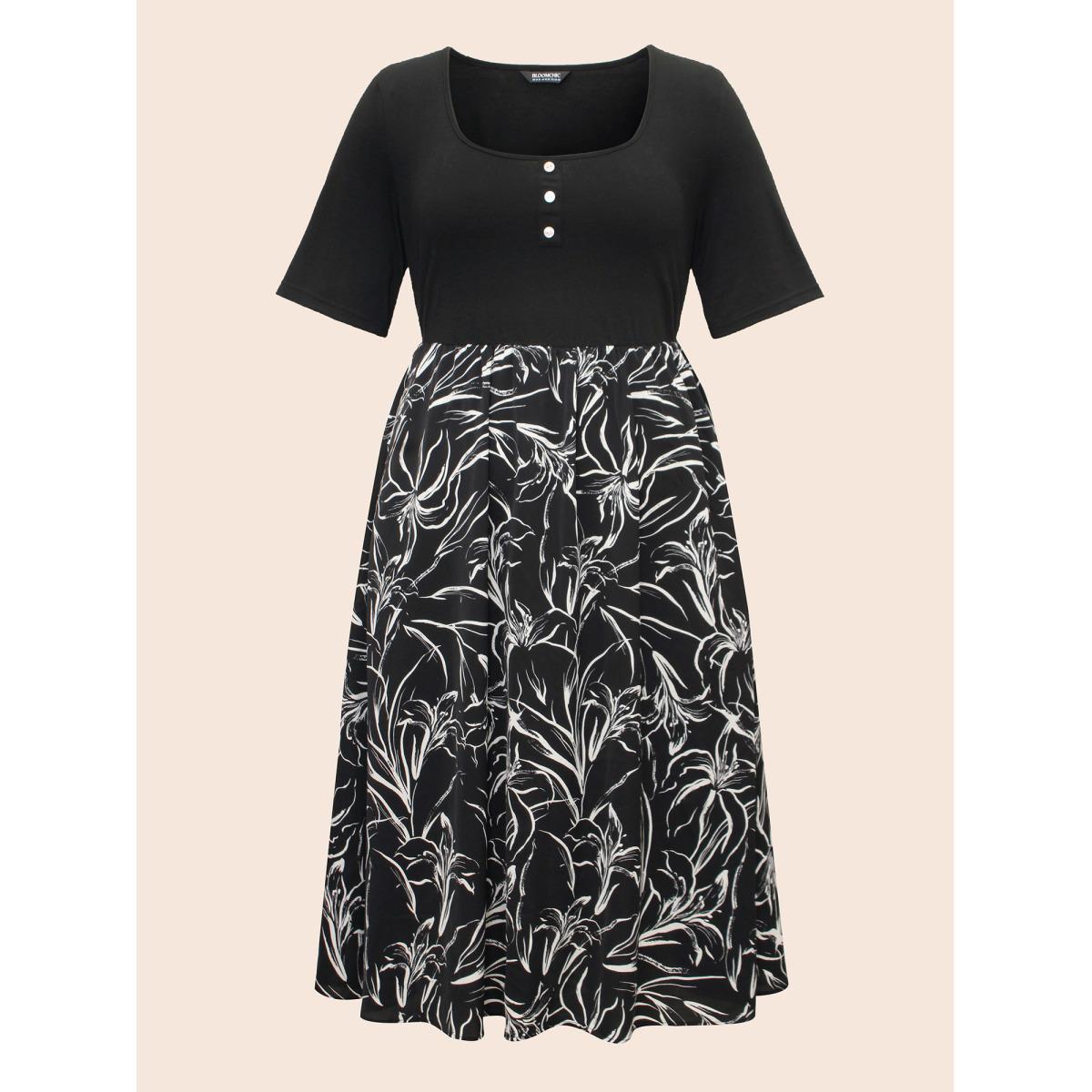 Plus Size Floral Square Neck Patchwork Button Detail Dress Black Women At the Office Patchwork Square Neck Half Sleeve Curvy BloomChic 14-16/1X Product Image