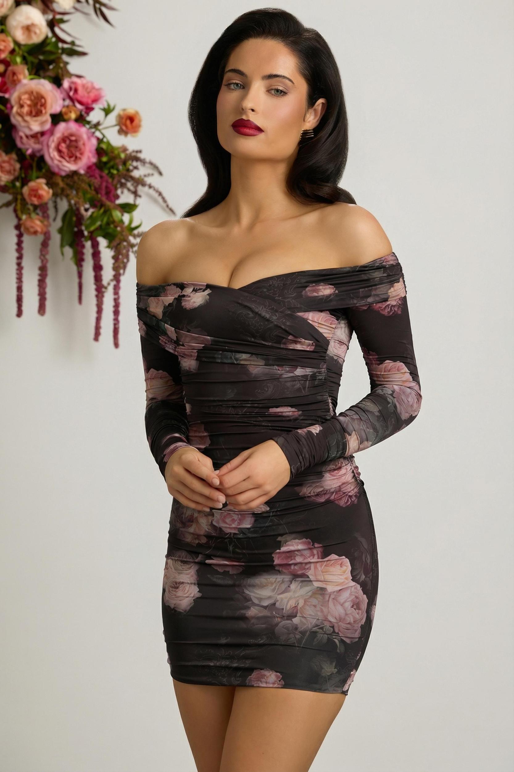 Off-Shoulder Ruched Bodycon Mini Dress in Black Floral Print Female Product Image