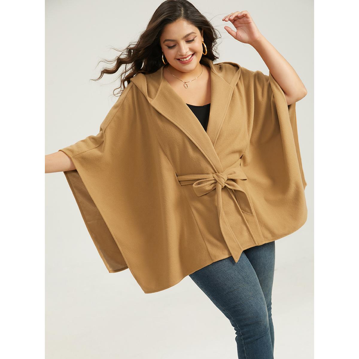 Plus Size Solid Hooded Belted Batwing Sleeve Jacket Women Chocolate Casual Plain Ladies Dailywear Winter Coats BloomChic 22-24/3X Product Image