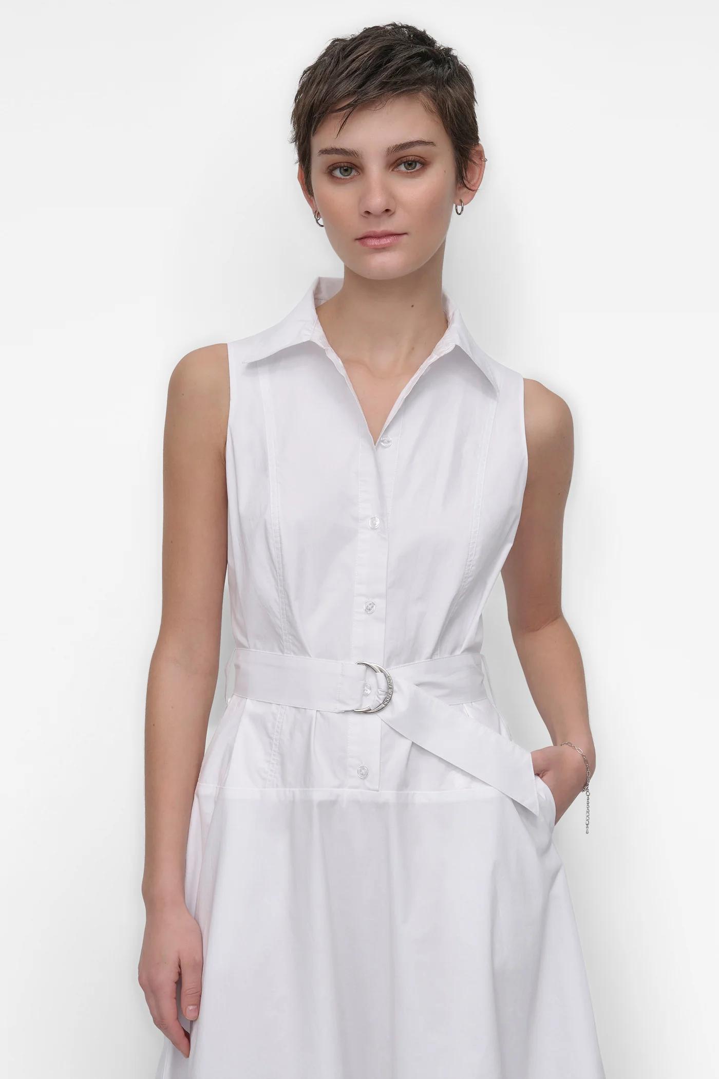 SLEEVELESS BUTTON FRONT POPLIN DRESS WITH SELF BELT Product Image