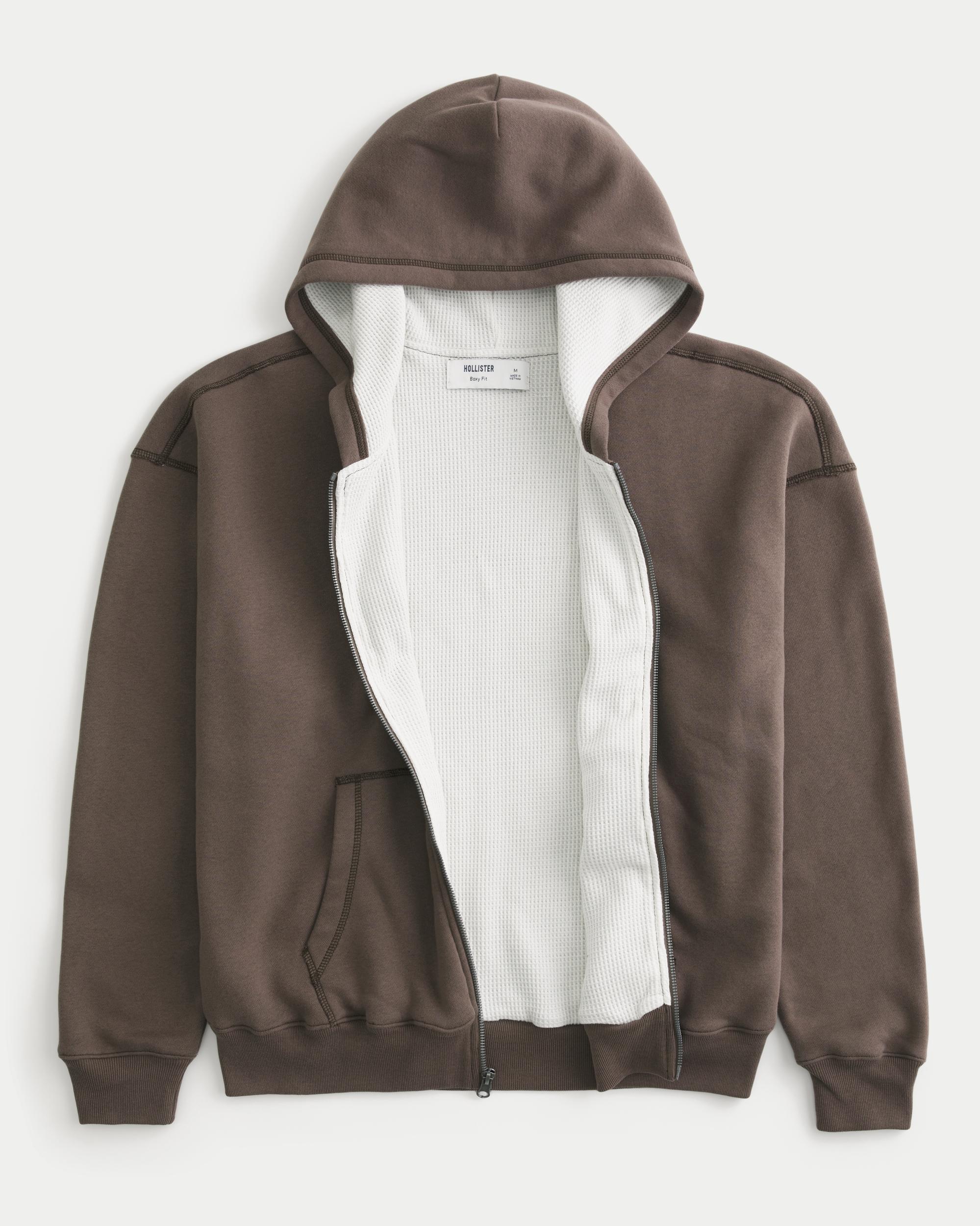Boxy Waffle-Lined Zip-Up Hoodie Product Image