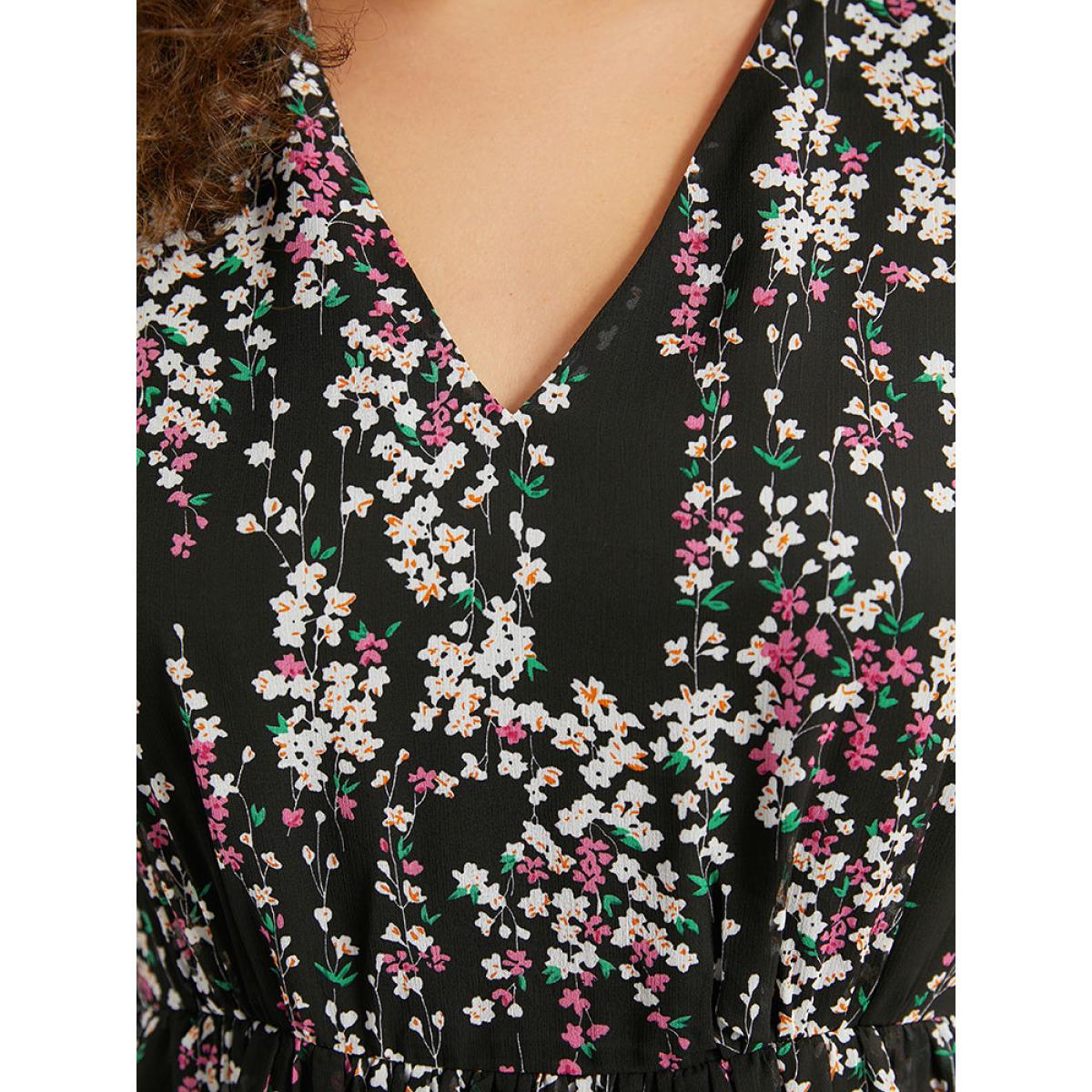 Plus Size Ditsy Floral Chiffon Patchwork Frill Trim Dress Black Women Elegant See through V-neck Long Sleeve Curvy Midi Dress BloomChic 14-16/1X Product Image