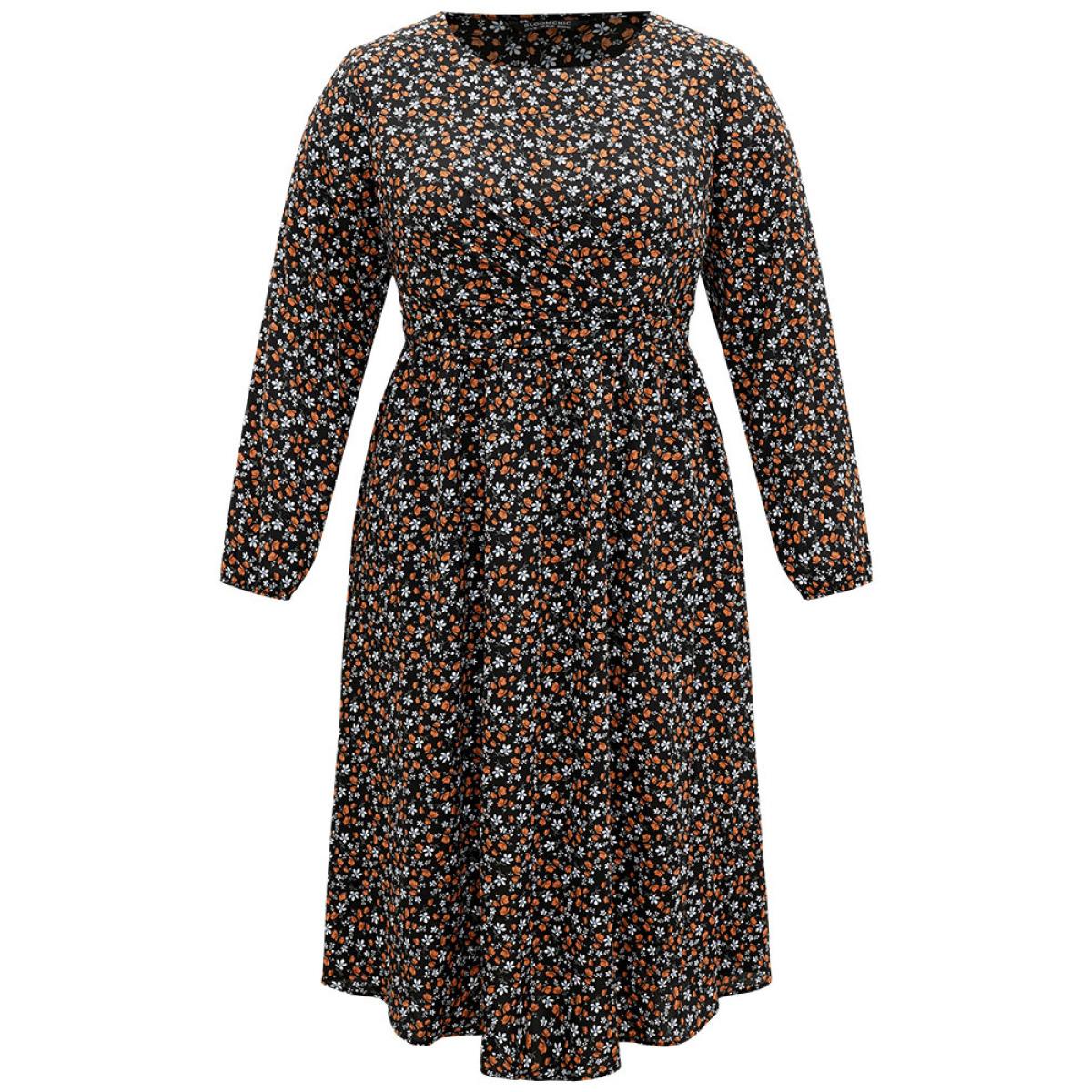 Plus Size Ditsy Floral Pocket Lantern Sleeve Knee Dress Black Women Elegant Elastic cuffs Round Neck Long Sleeve Curvy Midi Dress BloomChic 14-16/1X Product Image