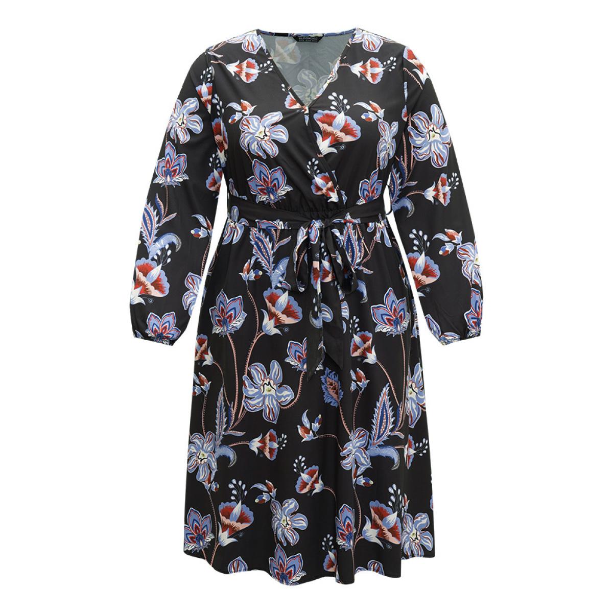 Plus Size Floral Print Elastic Cuffs Belted Dress Black Women Elegant Elastic cuffs V-neck Long Sleeve Curvy Midi Dress BloomChic 18-20/2X Product Image
