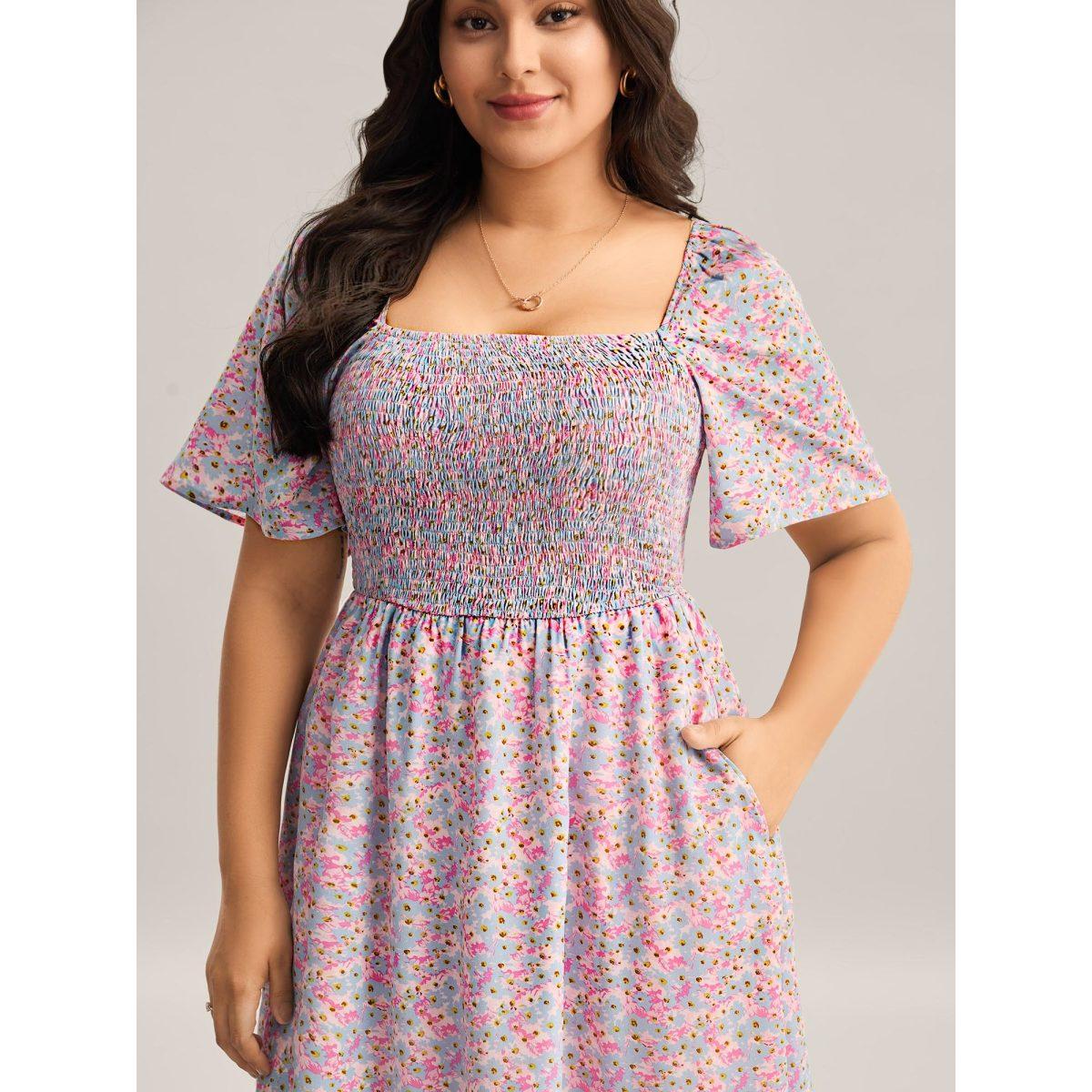 Plus Size Floral Print Shirred Pockets Midi Dress Blush Women Square Neck Short sleeve Curvy BloomChic 12/L Product Image