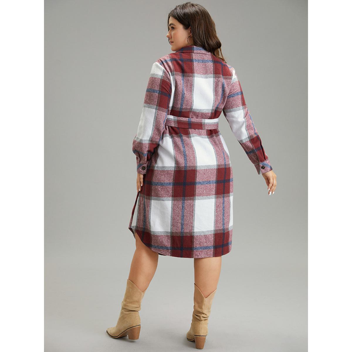 Plus Size Plaid Shirt Collar Button Through Belted Dress Scarlet Women Casual Belted Shirt collar Long Sleeve Curvy Midi Dress BloomChic 12/L Product Image