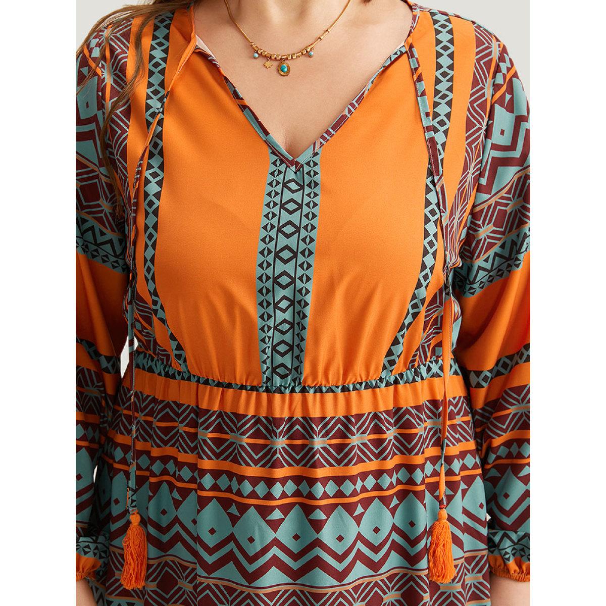 Plus Size Boho Print Tassel Tie Neck Dress OrangeRed Women Vacation Elastic cuffs Tie Neck Long Sleeve Curvy Midi Dress BloomChic 30/6X Product Image