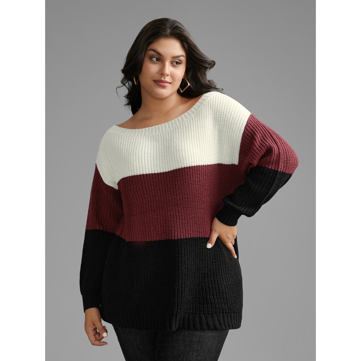 Plus Size Boat Neck Colorblock Contrast Pullover Scarlet Women Casual Loose Long Sleeve Boat Neck Everyday Pullovers BloomChic 30/6X Product Image