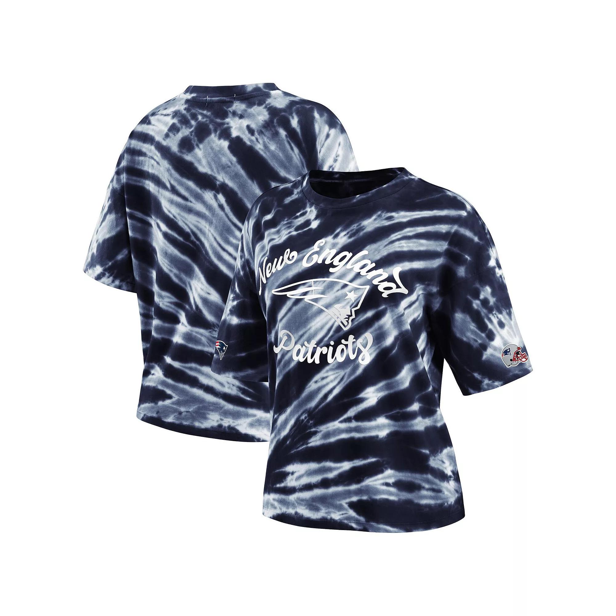 Women's WEAR by Erin Andrews Navy New England Patriots Tie-Dye T-Shirt, Size: Large, Blue Product Image