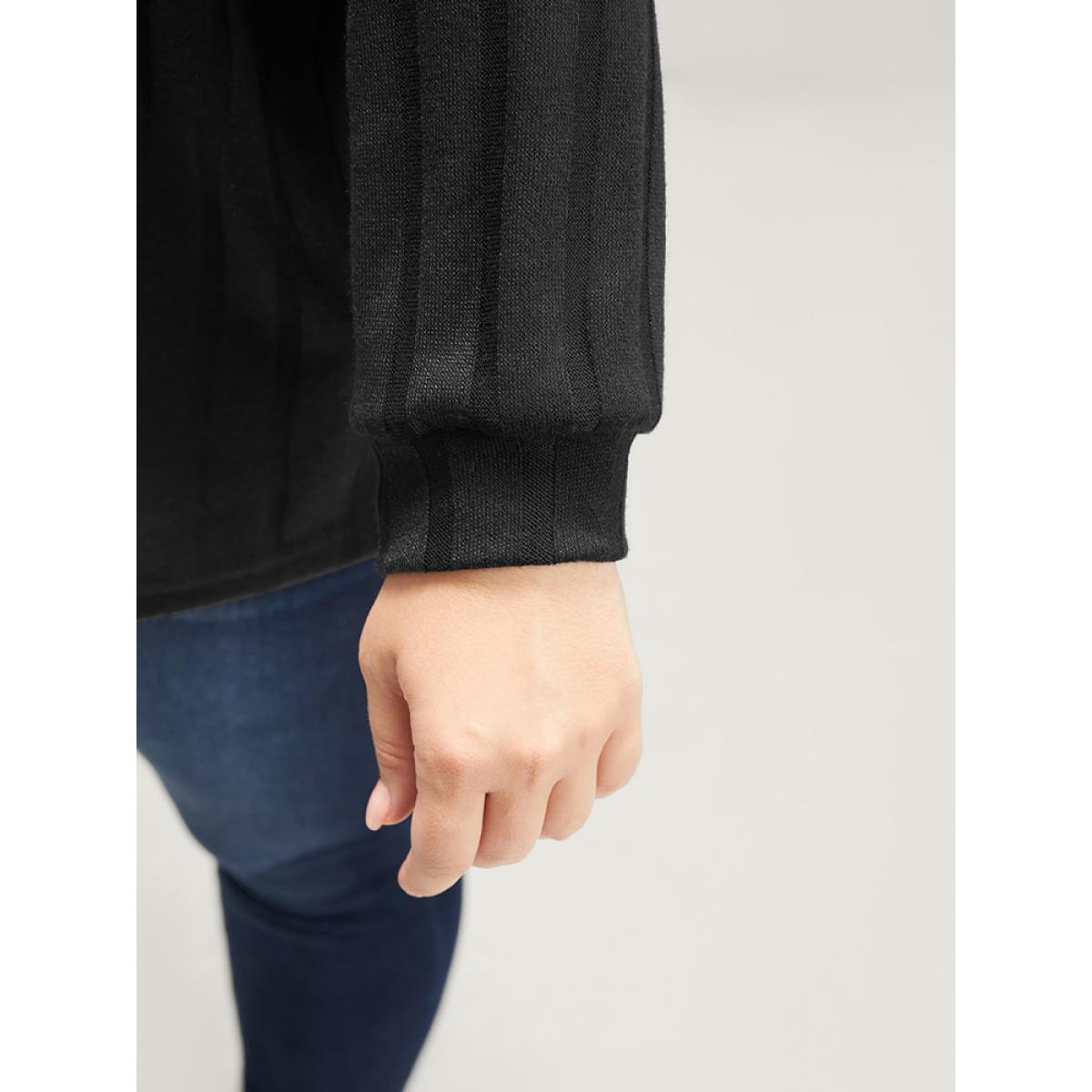 Plus Size Solid Button Rib Knit Arc Hem Hooded Sweatshirt Women Black Elegant Arc Hem Hooded Dailywear Sweatshirts BloomChic 28/5X Product Image