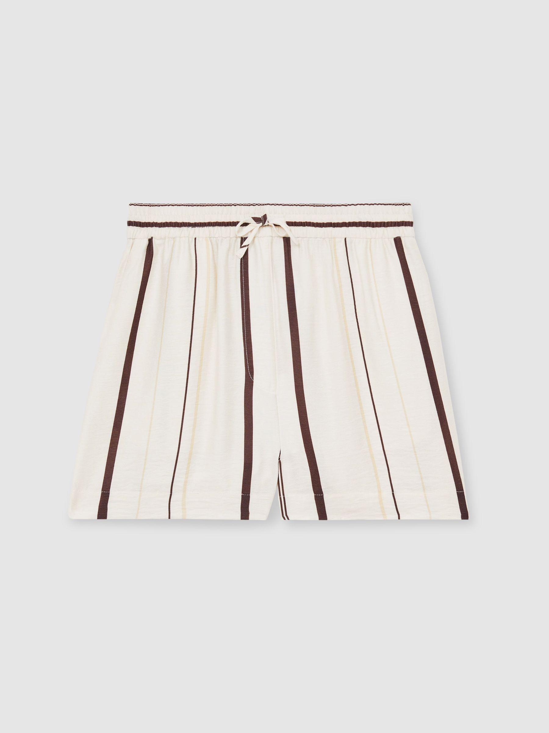 Stripe-Print Drawstring Shorts in White/Brown Product Image