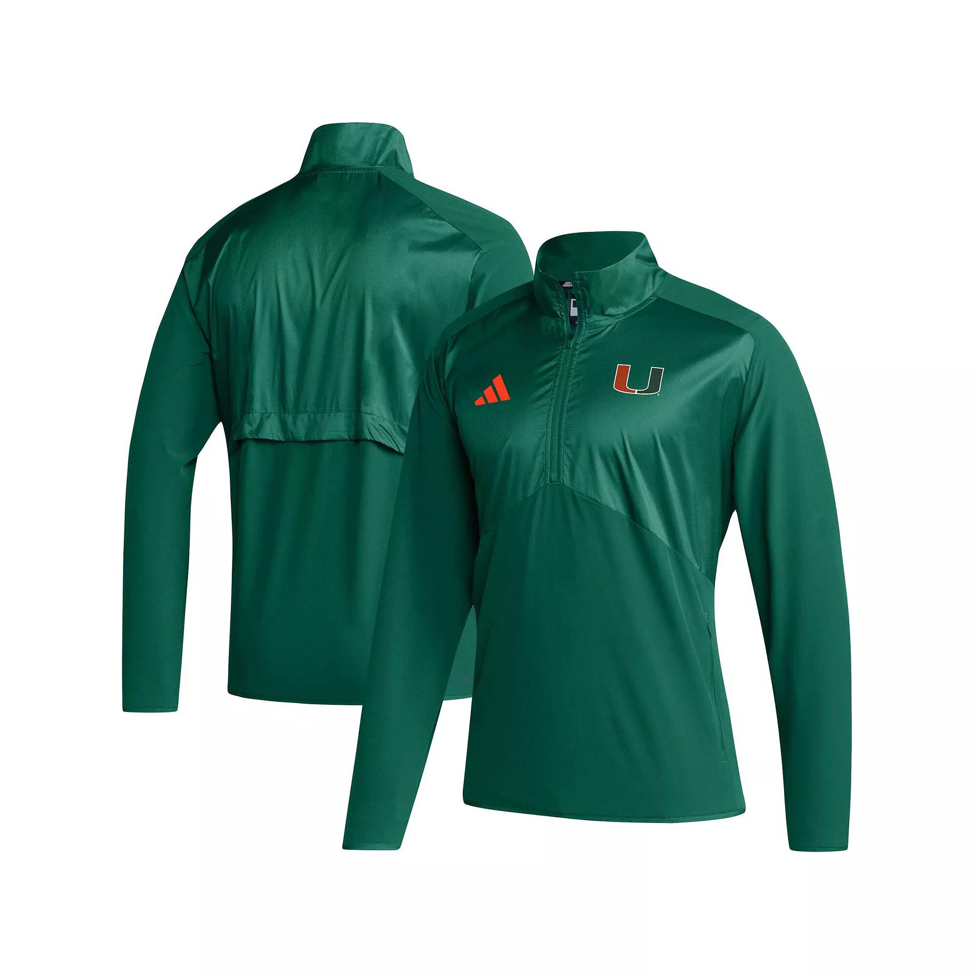 Men's adidas Green Miami Hurricanes Sideline AEROREADY Raglan Sleeve Quarter-Zip Jacket,  Product Image