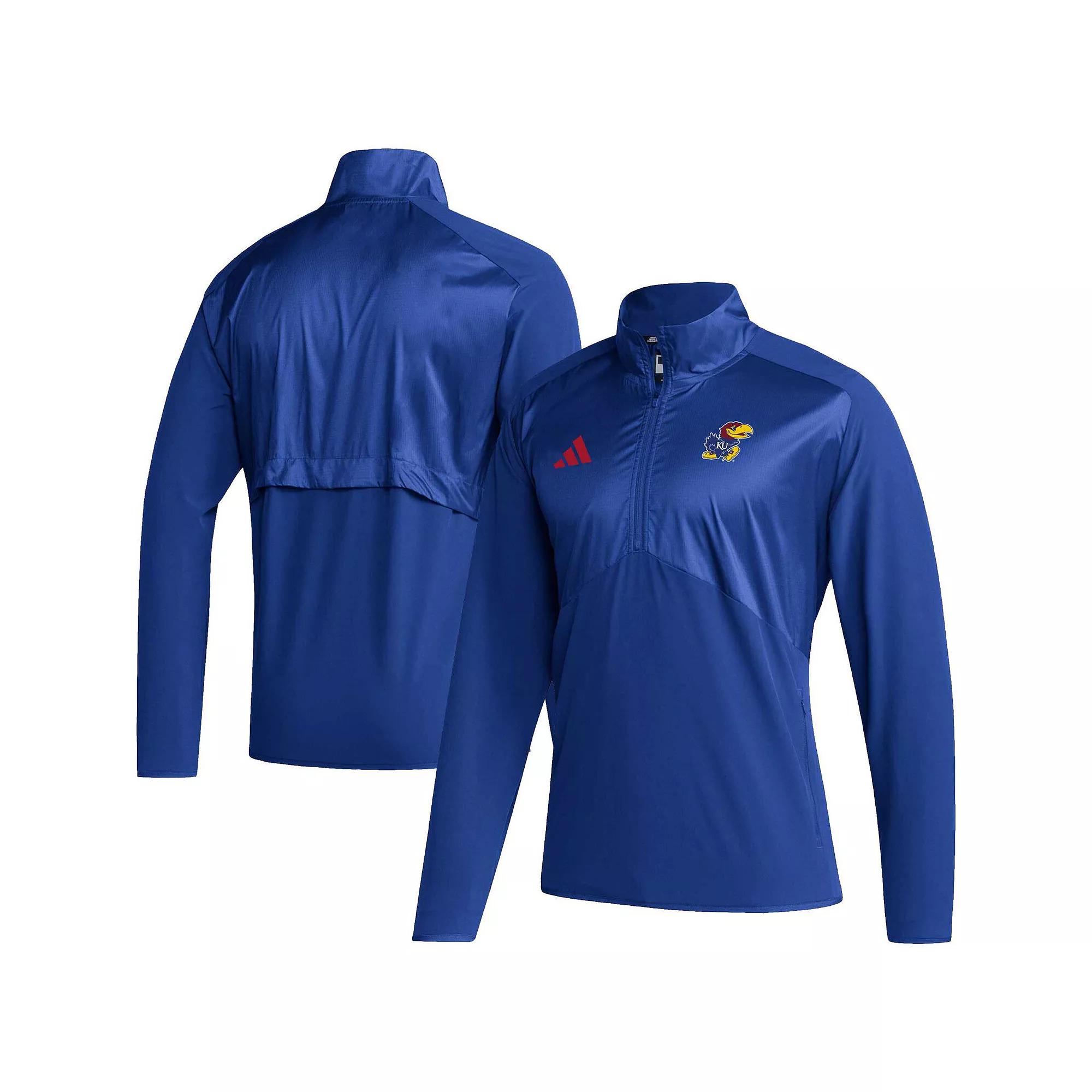 Men's adidas Royal Kansas Jayhawks Sideline AEROREADY Raglan Sleeve Quarter-Zip Jacket,  Product Image