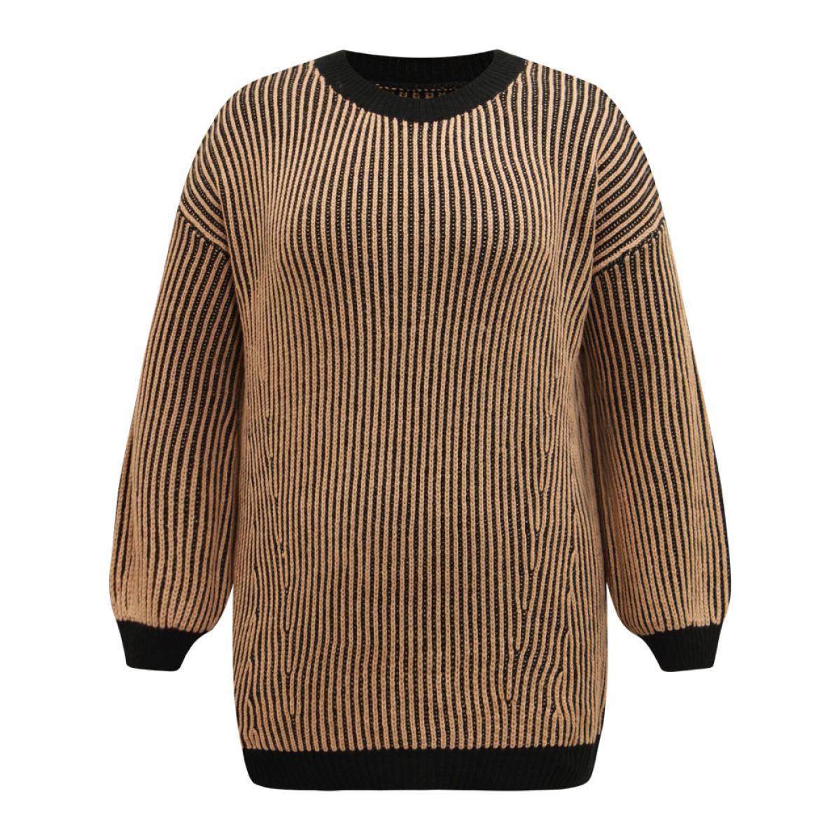 Plus Size Striped Contrast Round Neck Pullover Tan Women Casual Loose Long Sleeve Round Neck Dailywear Pullovers BloomChic 14-16/1X Product Image