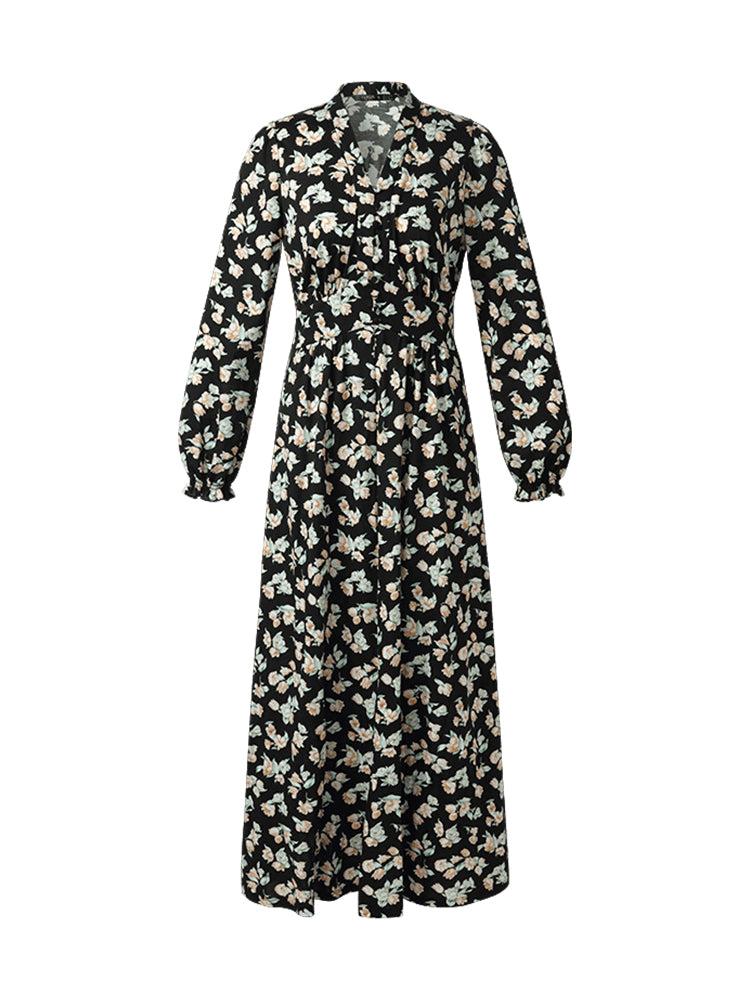 100% Cotton Floral Print Stretch Gathered Waist Women Maxi Dress Product Image