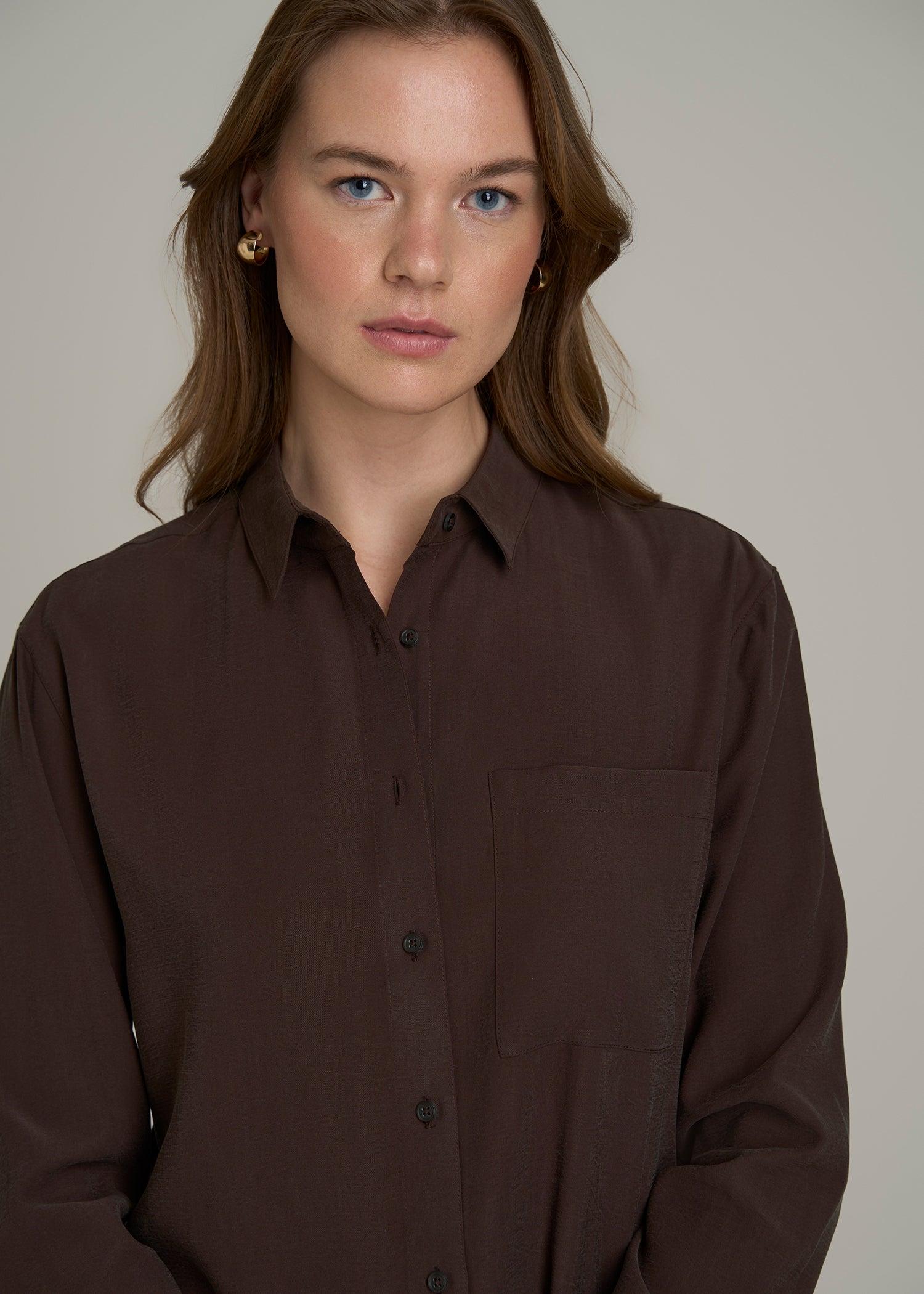 Relaxed Button-Up Single-Pocket Blouse for Tall Women in Espresso Female Product Image