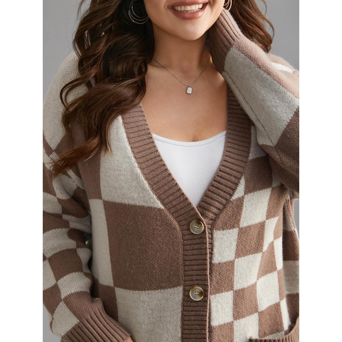 Plus Size Checkered V-Neck Button Front Knit Cardigan LightBrown Women Casual Loose Long Sleeve Everyday Cardigans BloomChic 18-20/2X Product Image